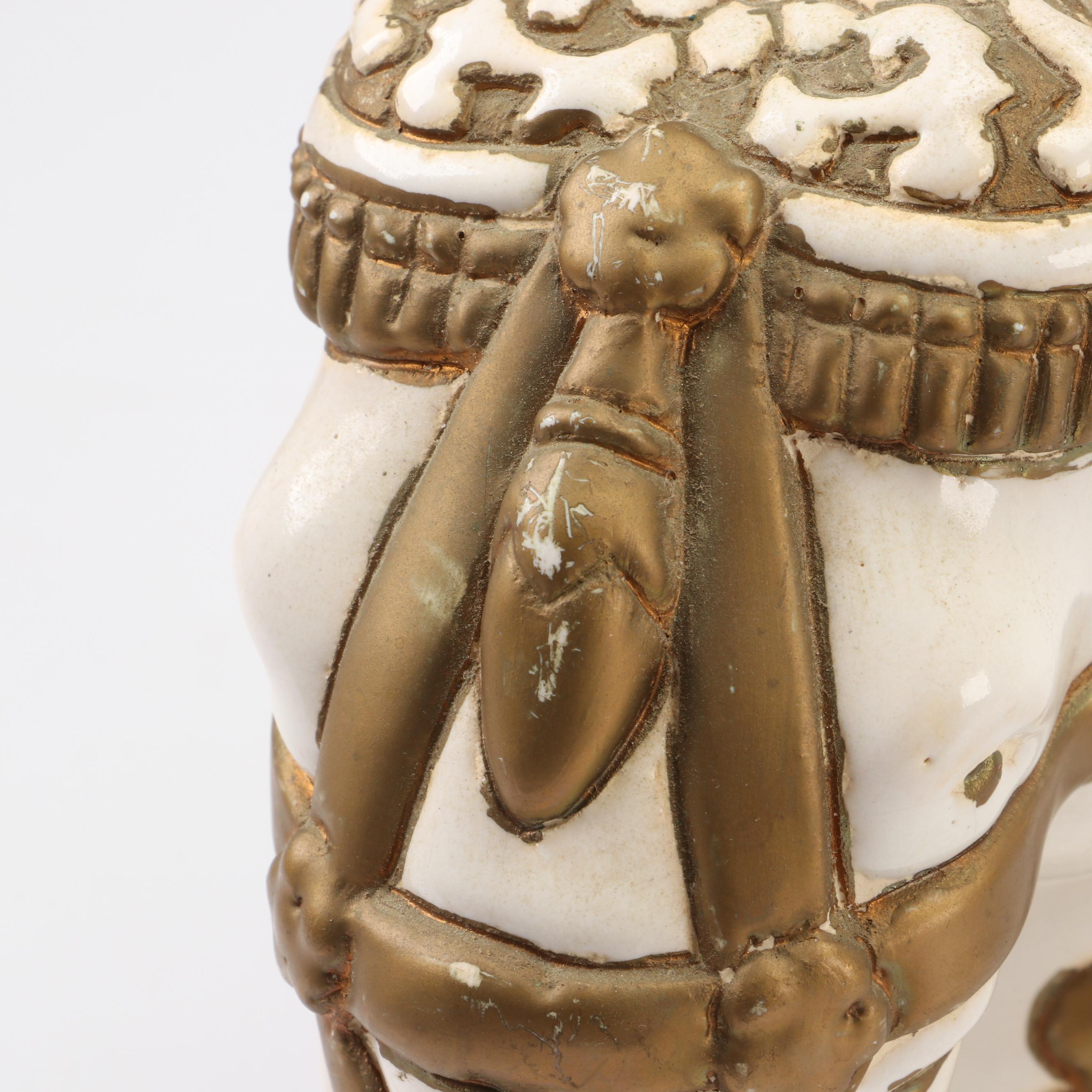 Pair of Ceramic Elephant Statues with Etched Brass Goblets