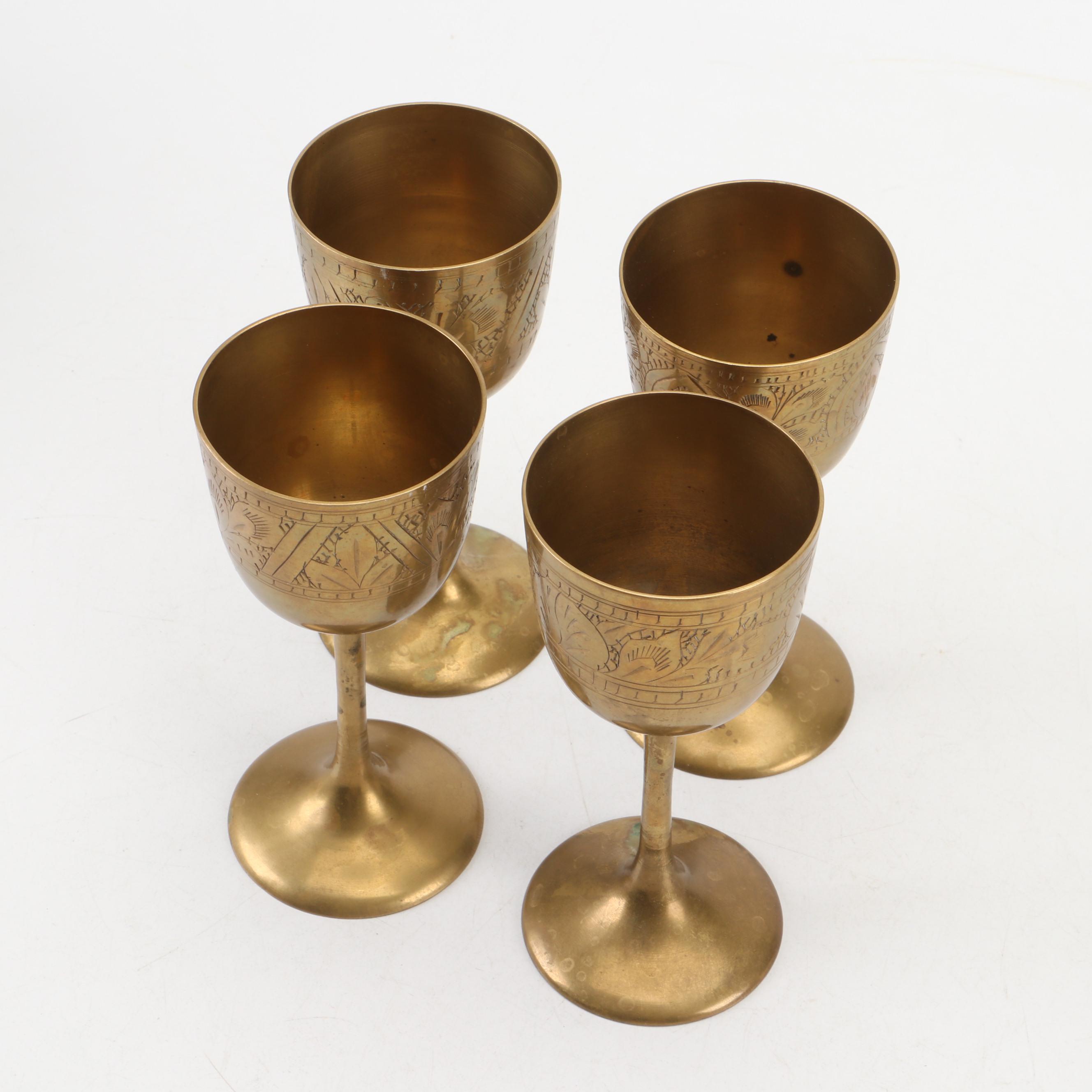 Pair of Ceramic Elephant Statues with Etched Brass Goblets