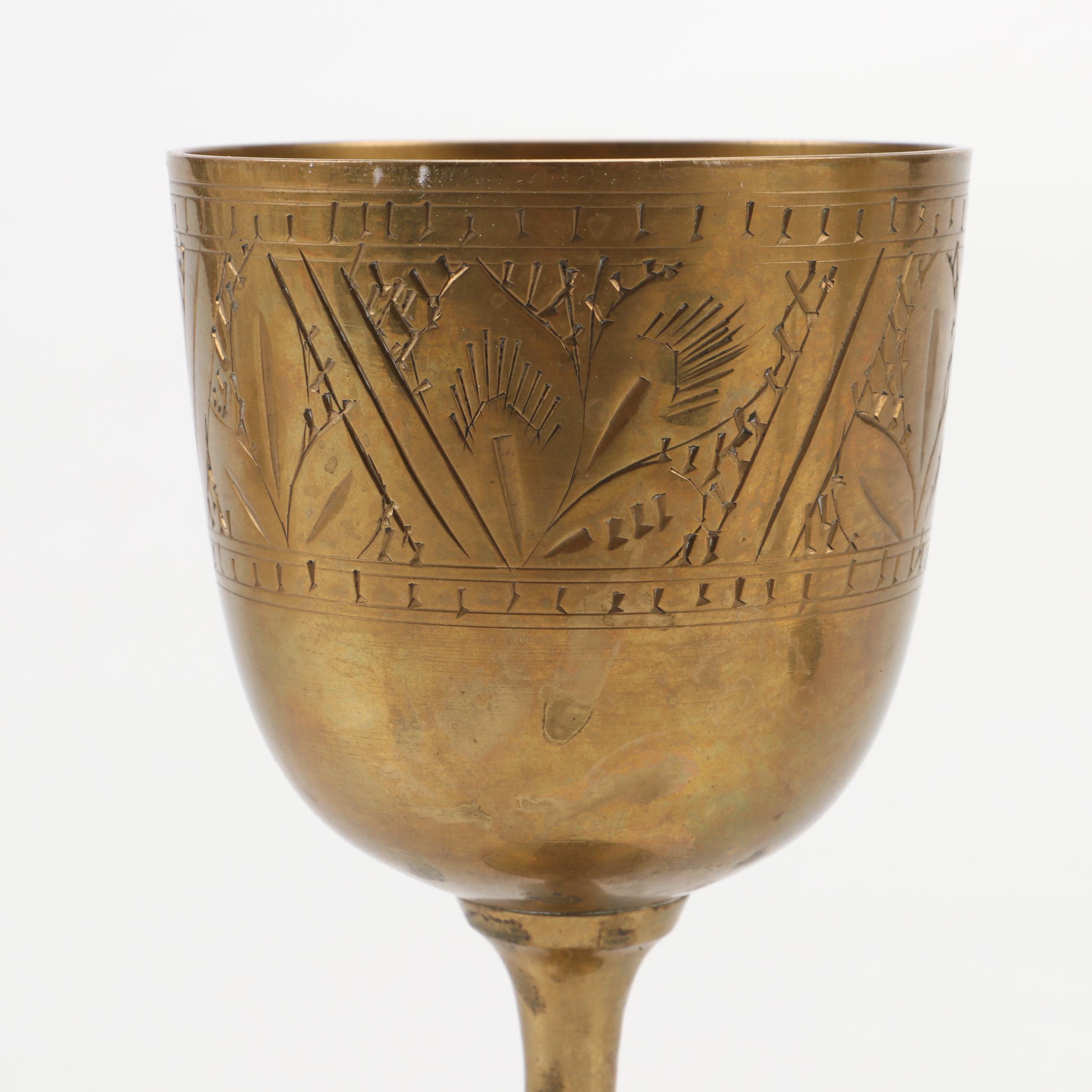 Pair of Ceramic Elephant Statues with Etched Brass Goblets