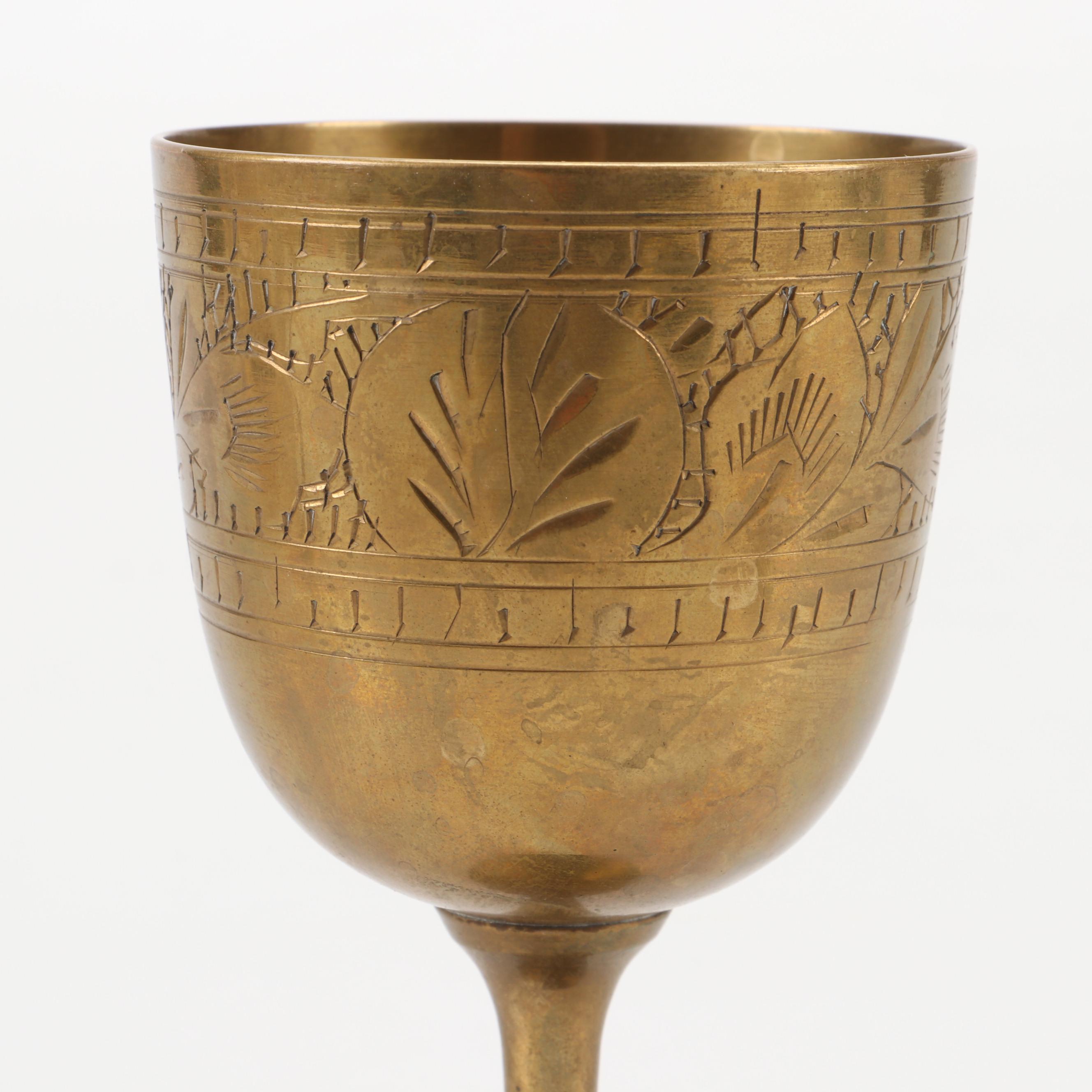 Pair of Ceramic Elephant Statues with Etched Brass Goblets