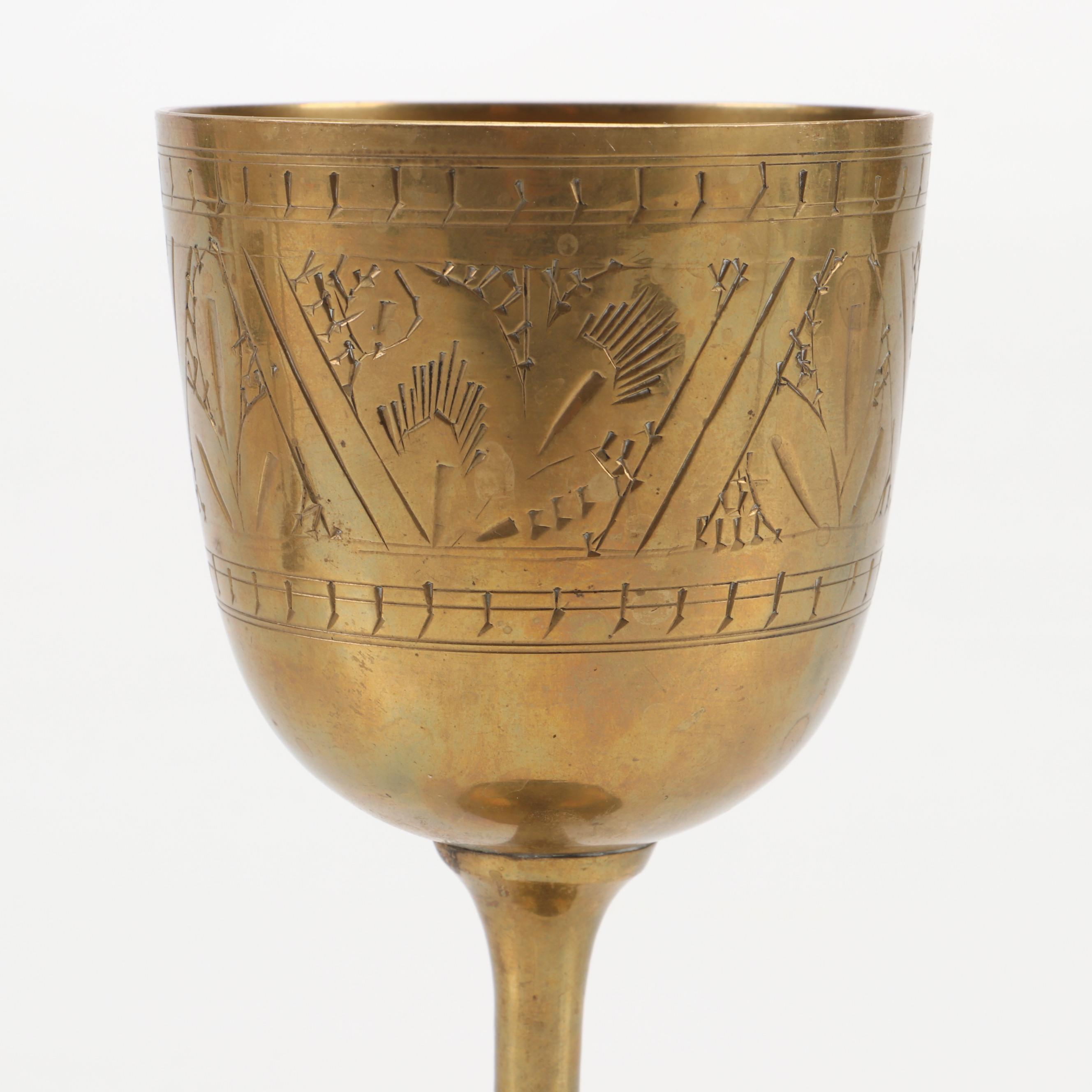 Pair of Ceramic Elephant Statues with Etched Brass Goblets