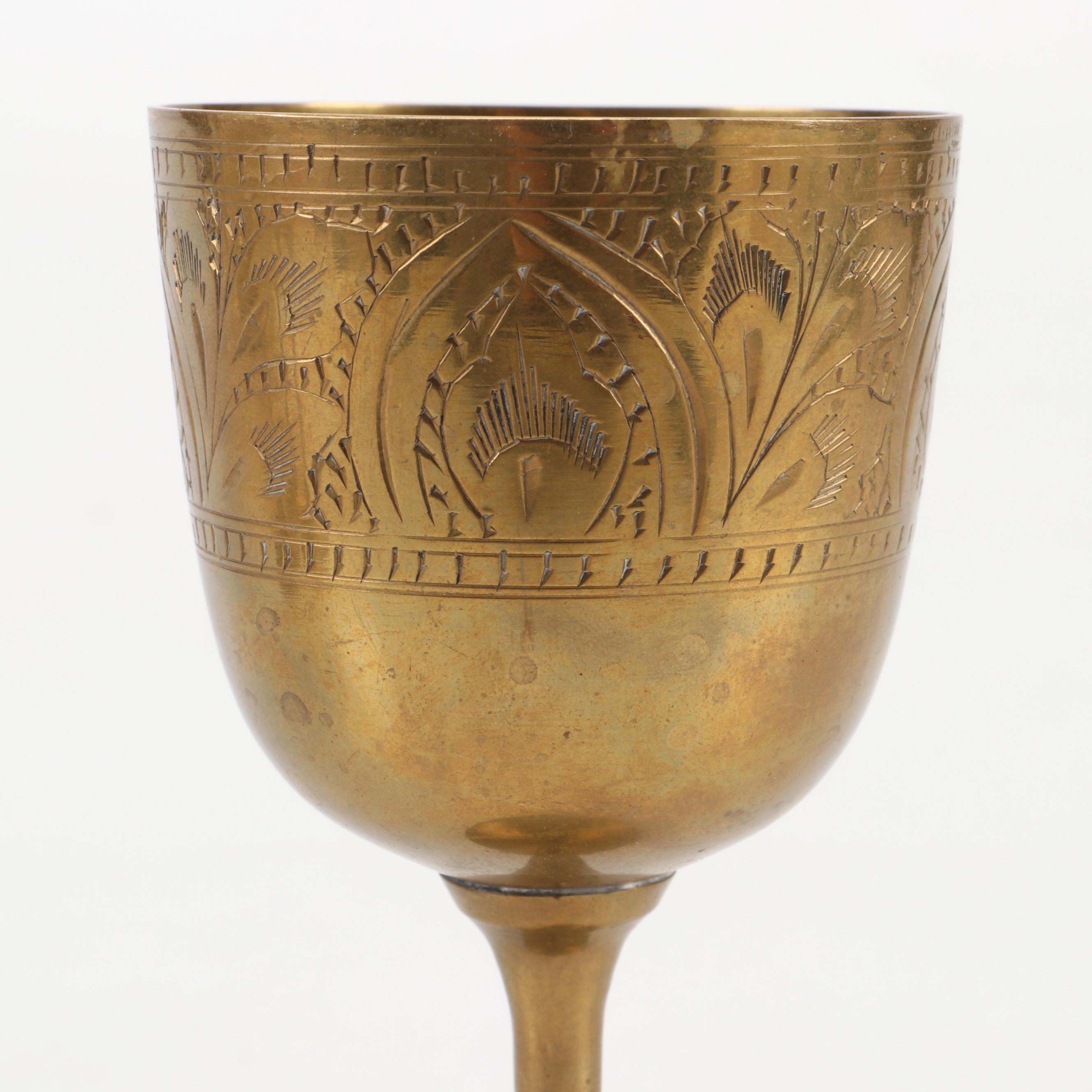 Pair of Ceramic Elephant Statues with Etched Brass Goblets