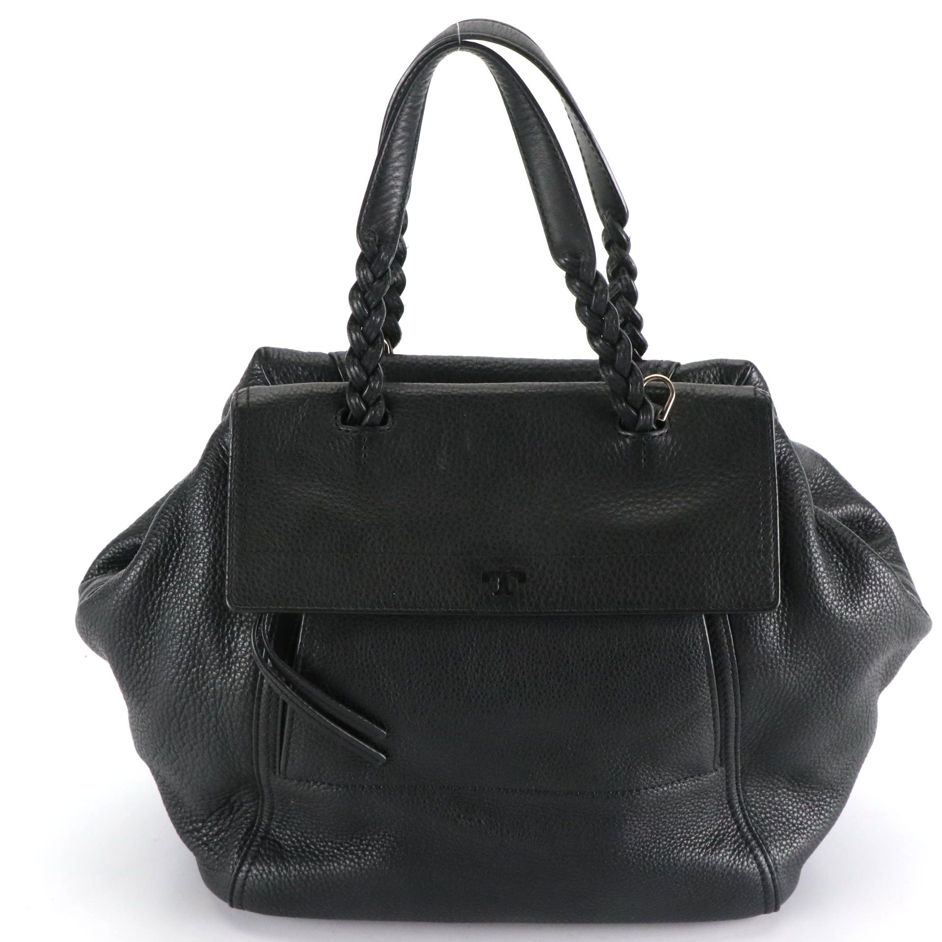 Tory Burch Half Moon Satchel in Black Grained Leather