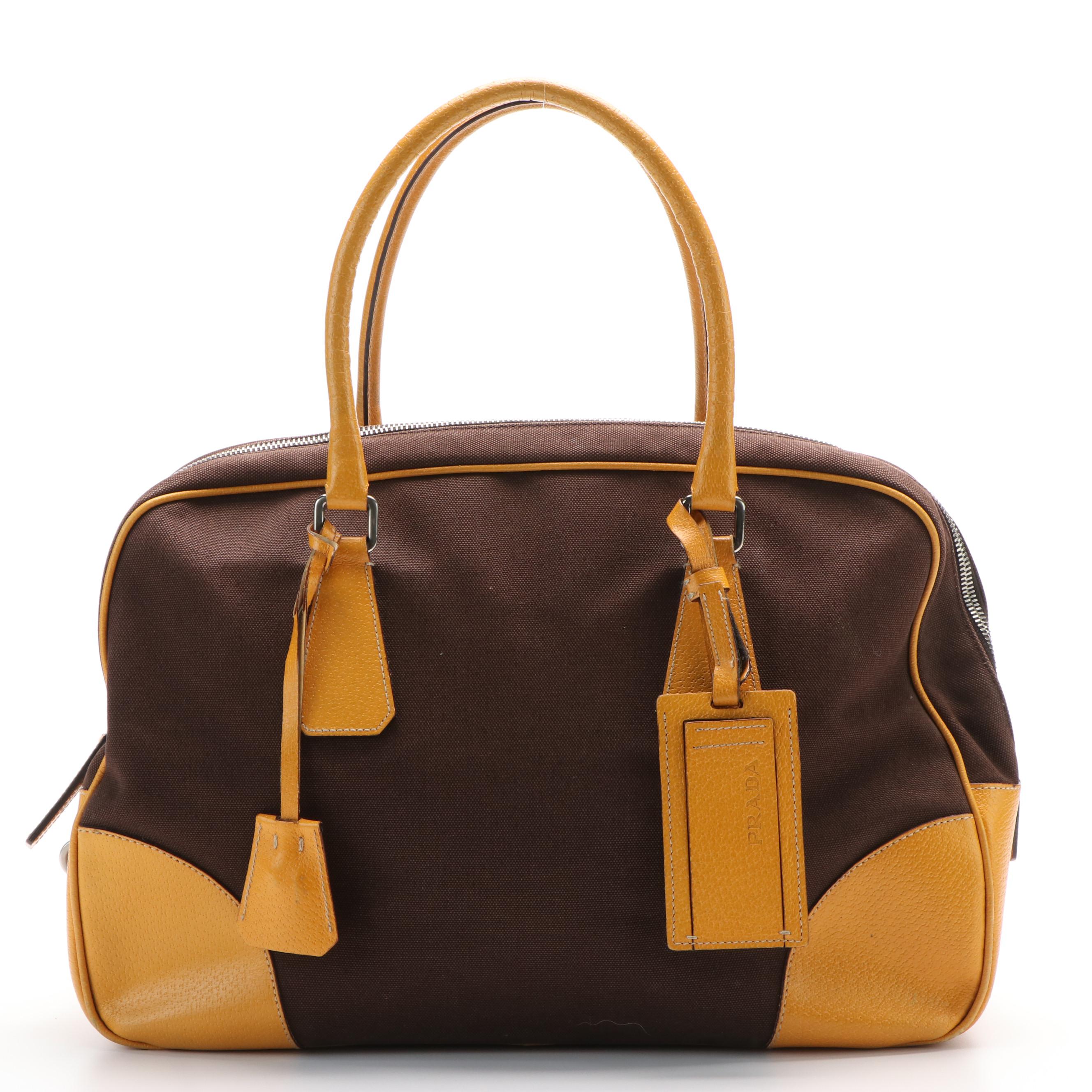 Prada Leather Trimmed Canapa Bowler Bag