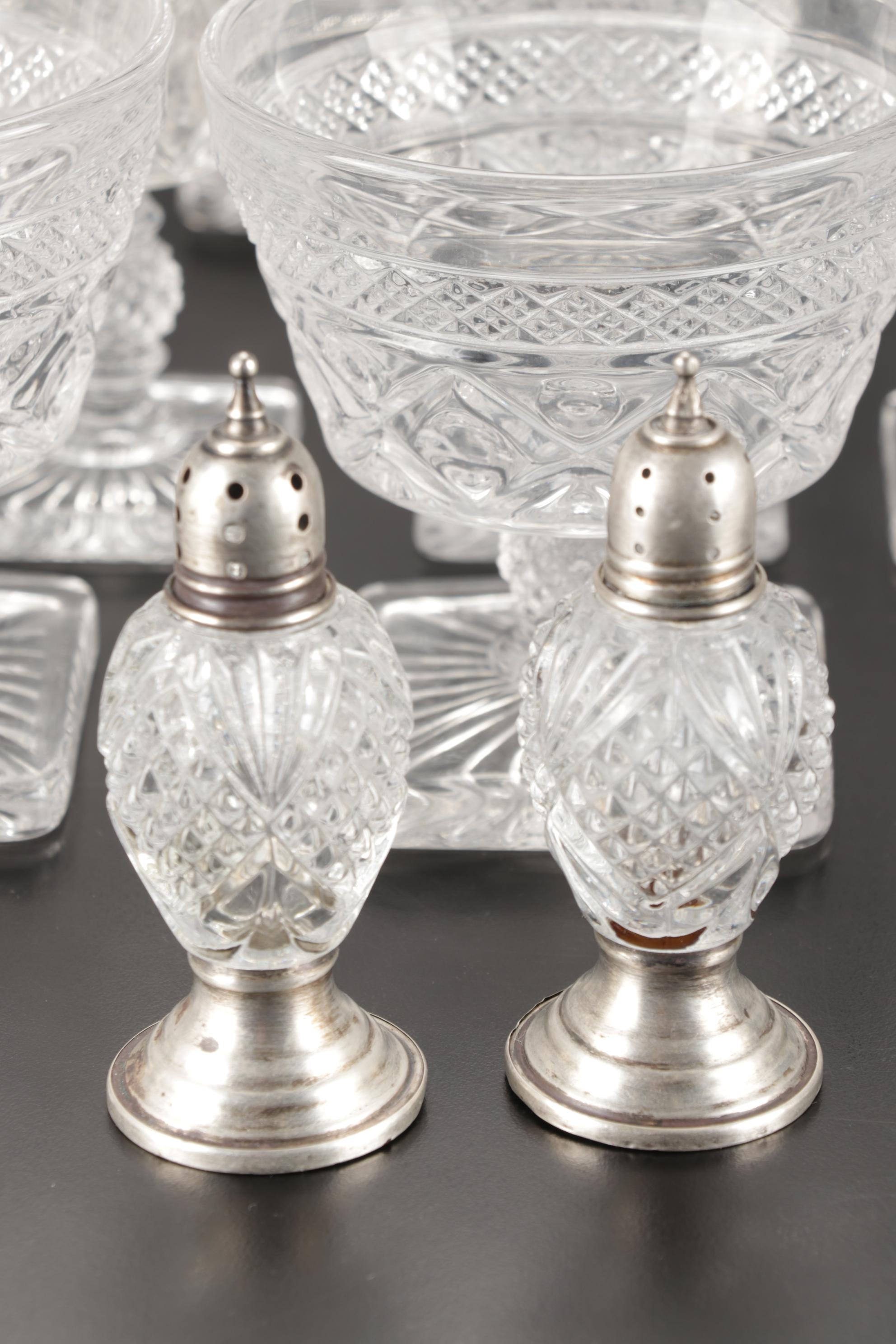 Imperial Glass "Cape Cod Clear" Stemware and Decanter with Sterling Shakers