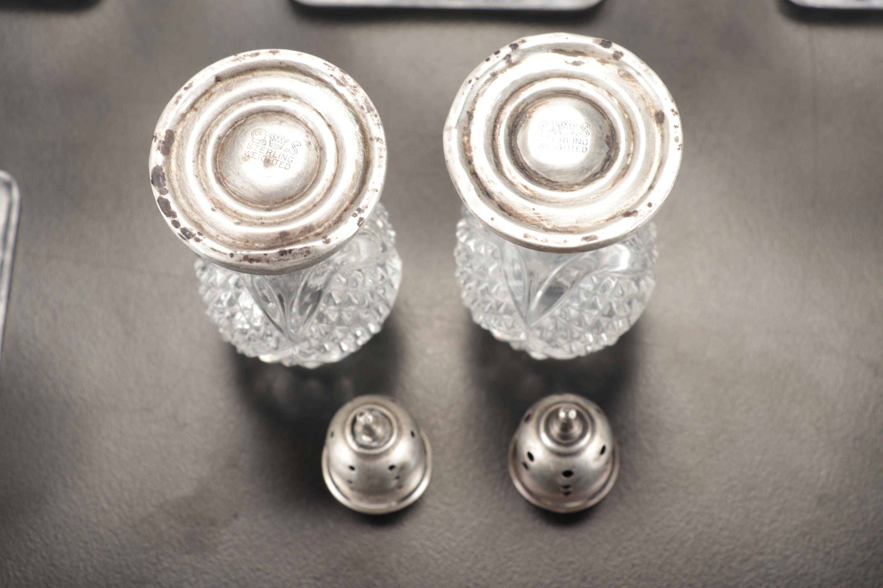 Imperial Glass "Cape Cod Clear" Stemware and Decanter with Sterling Shakers