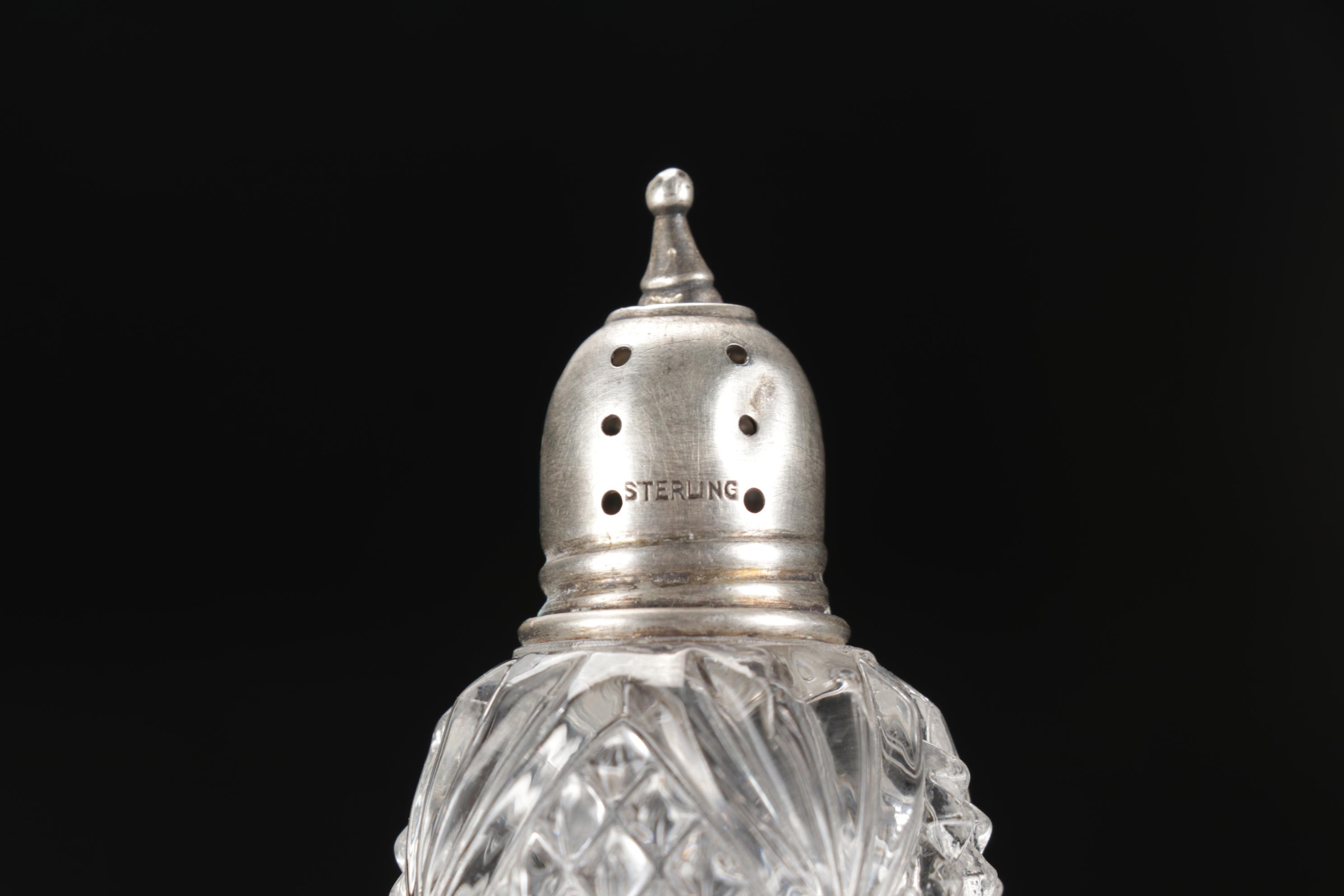 Imperial Glass "Cape Cod Clear" Stemware and Decanter with Sterling Shakers