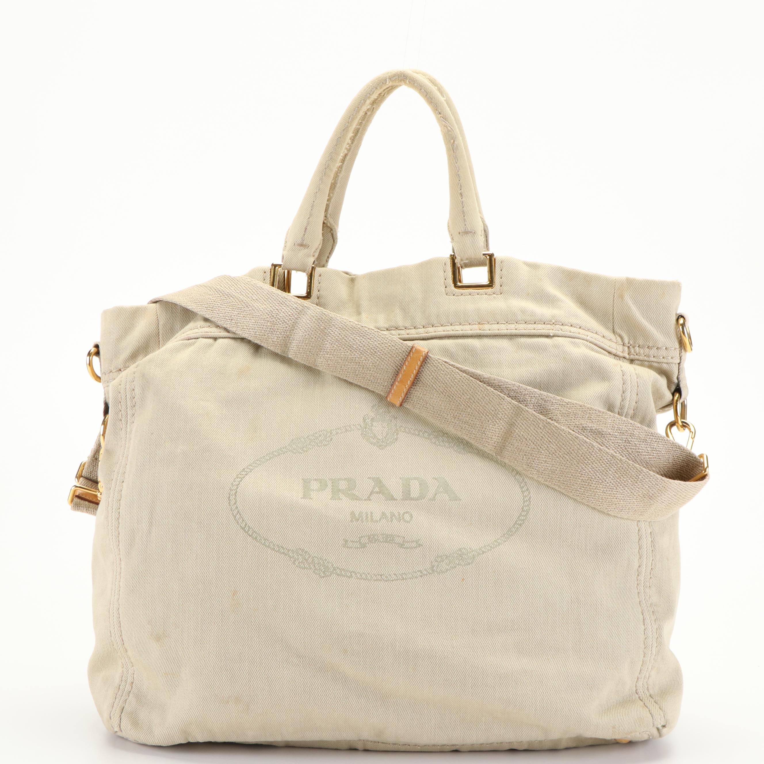 Prada Canapa Logo Two-Way Tote in Beige Denim