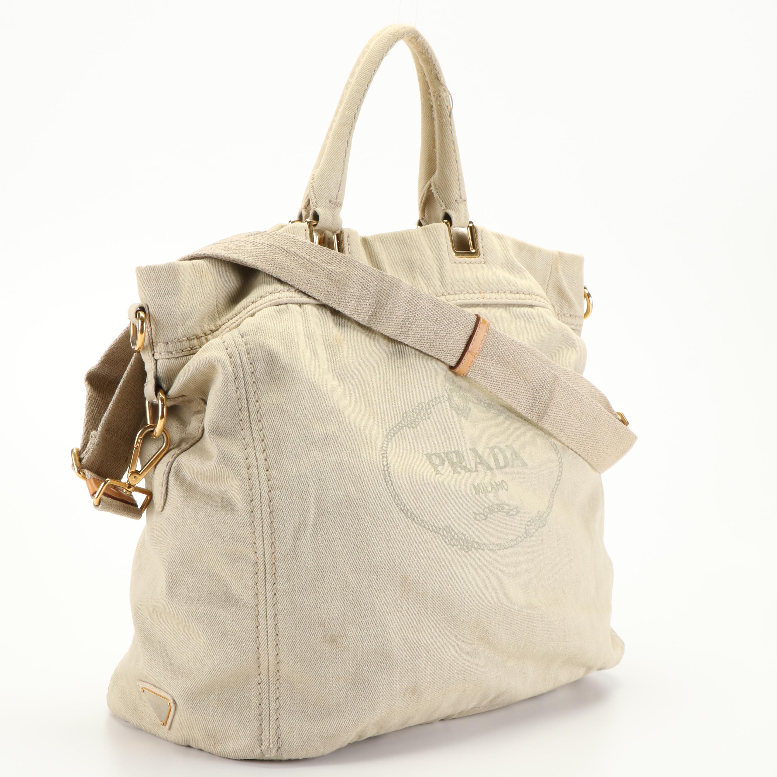 Prada Canapa Logo Two-Way Tote in Beige Denim