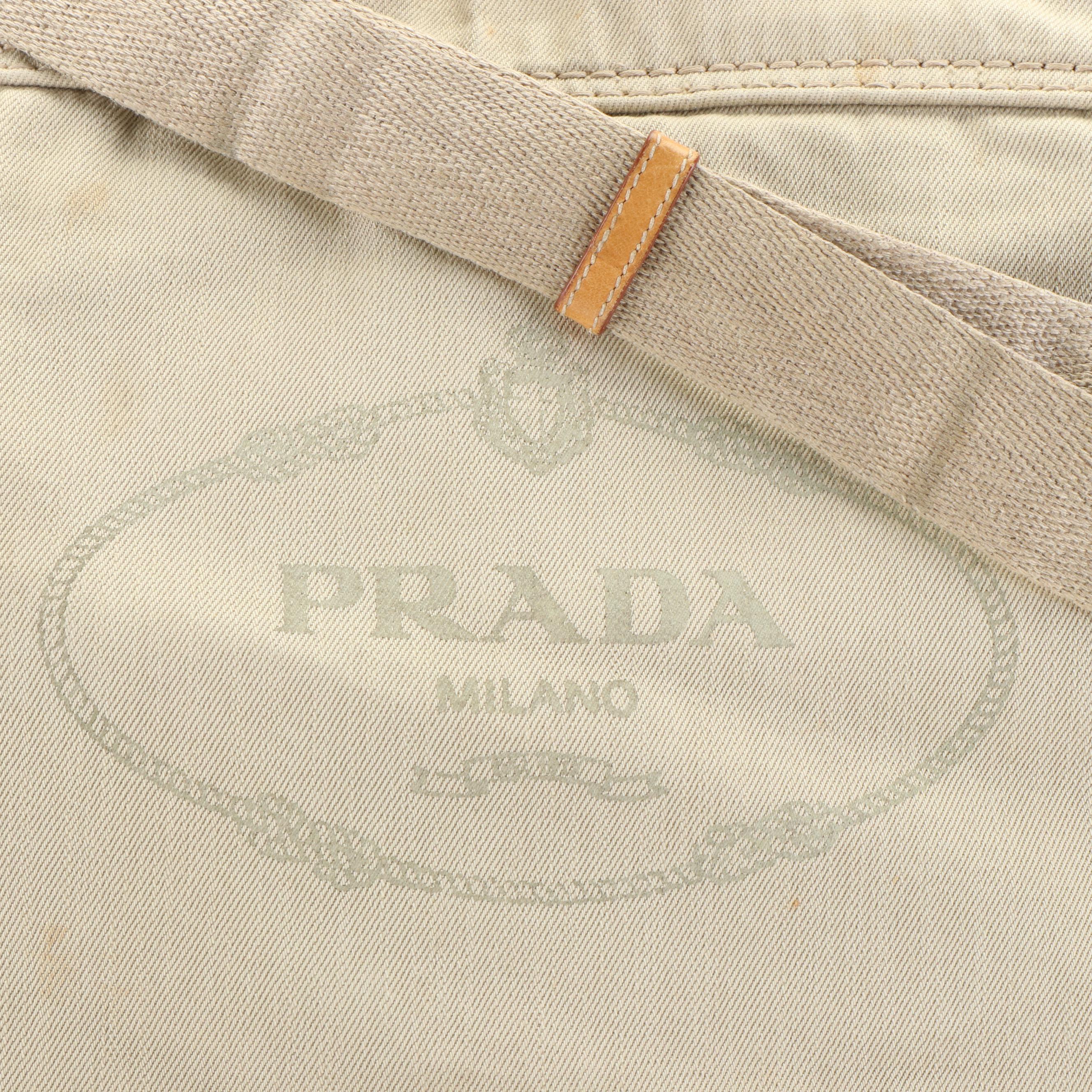 Prada Canapa Logo Two-Way Tote in Beige Denim