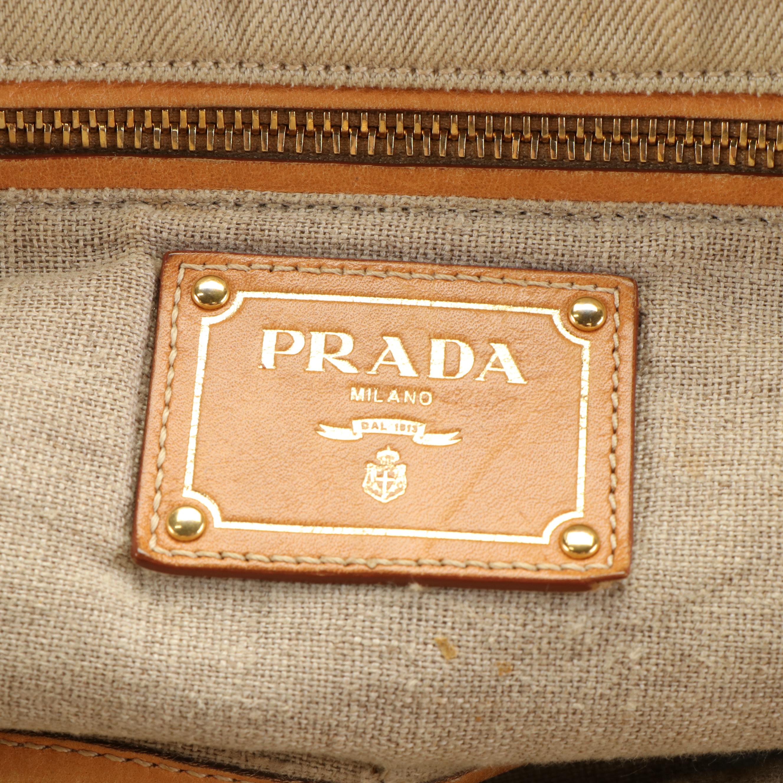 Prada Canapa Logo Two-Way Tote in Beige Denim