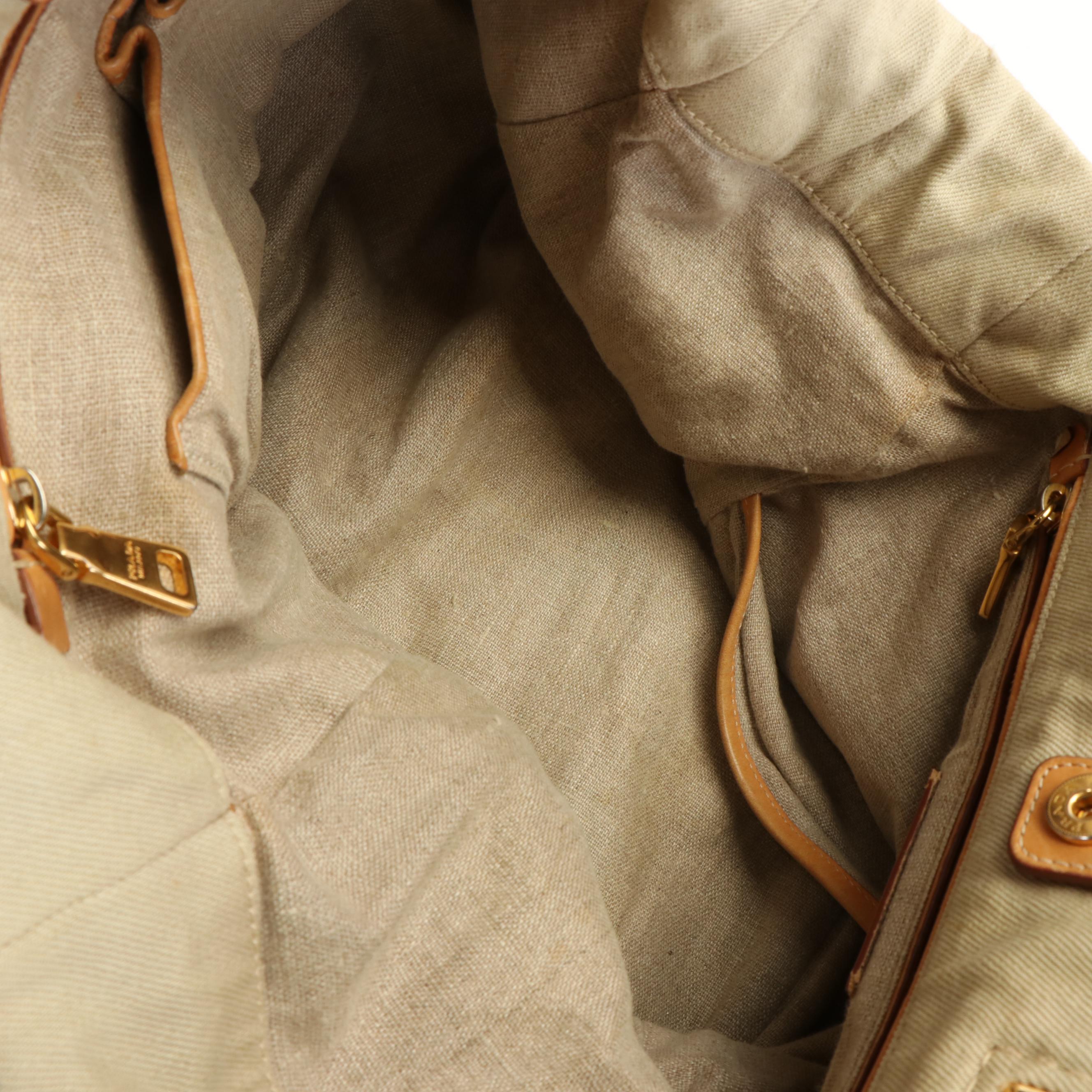 Prada Canapa Logo Two-Way Tote in Beige Denim