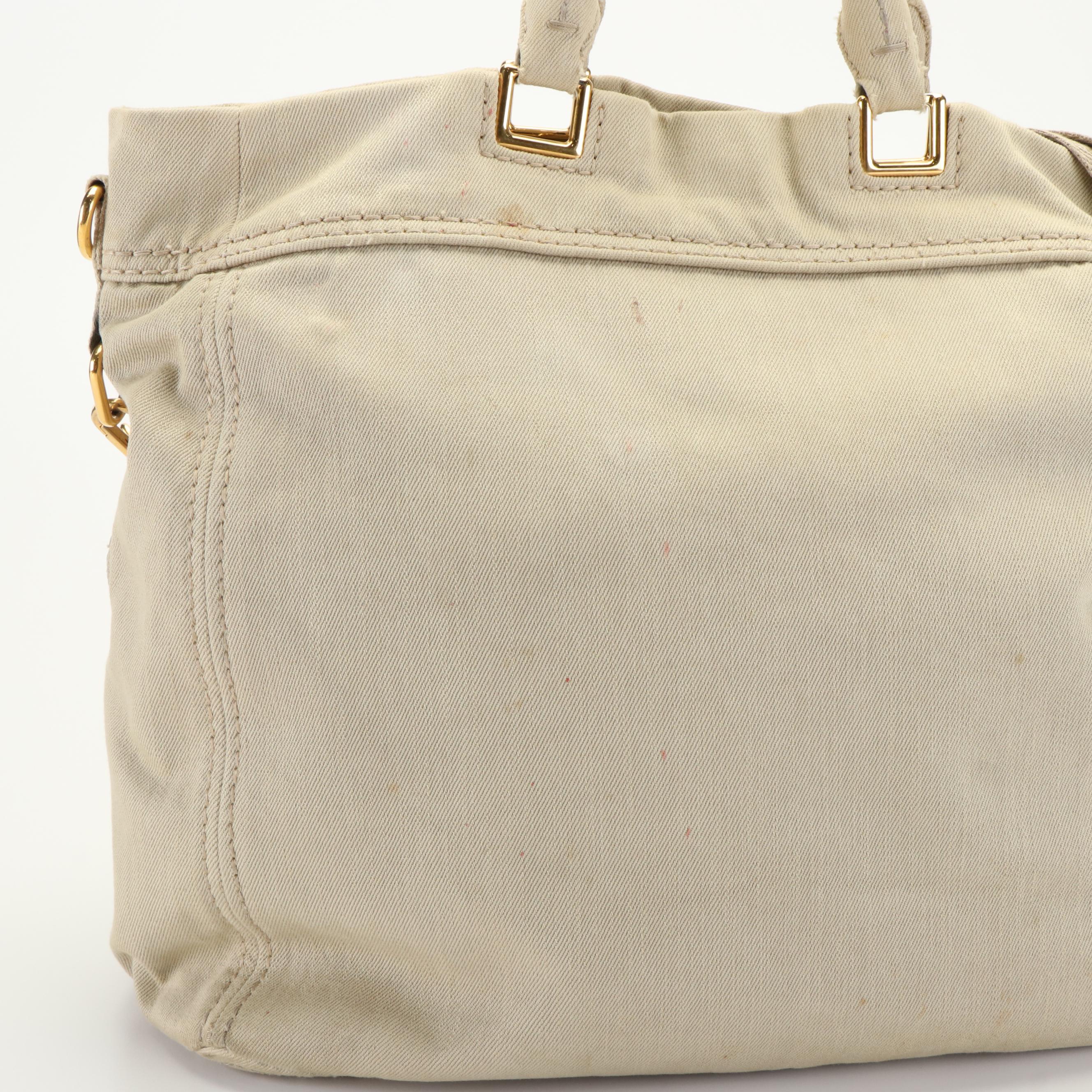 Prada Canapa Logo Two-Way Tote in Beige Denim