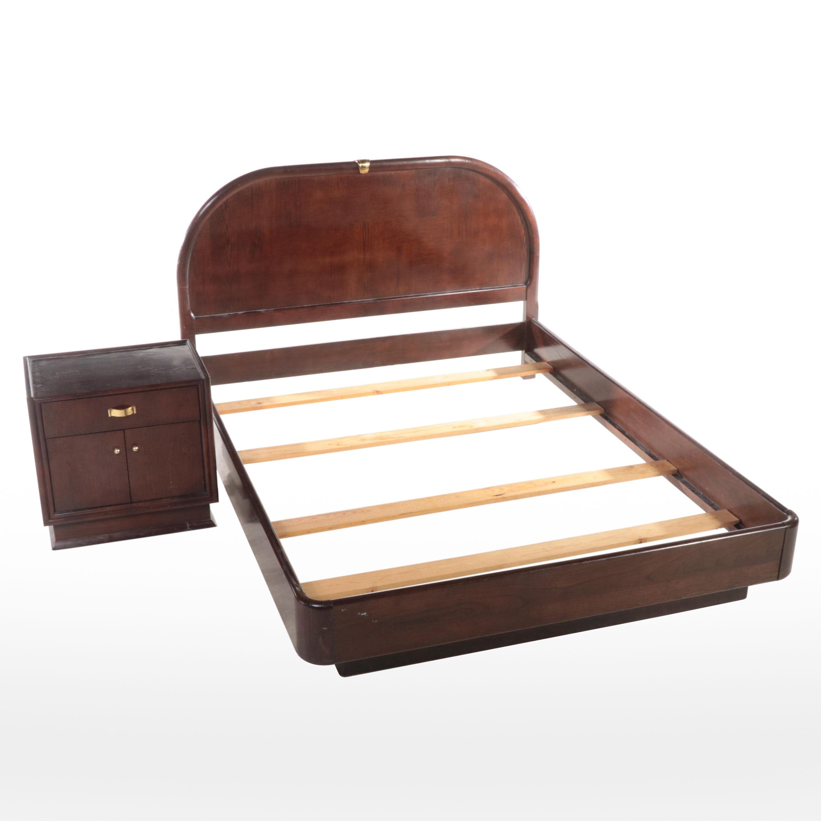 Century Furniture Art Deco Style Brass-Mounted Oak Queen Bed and Nightstand