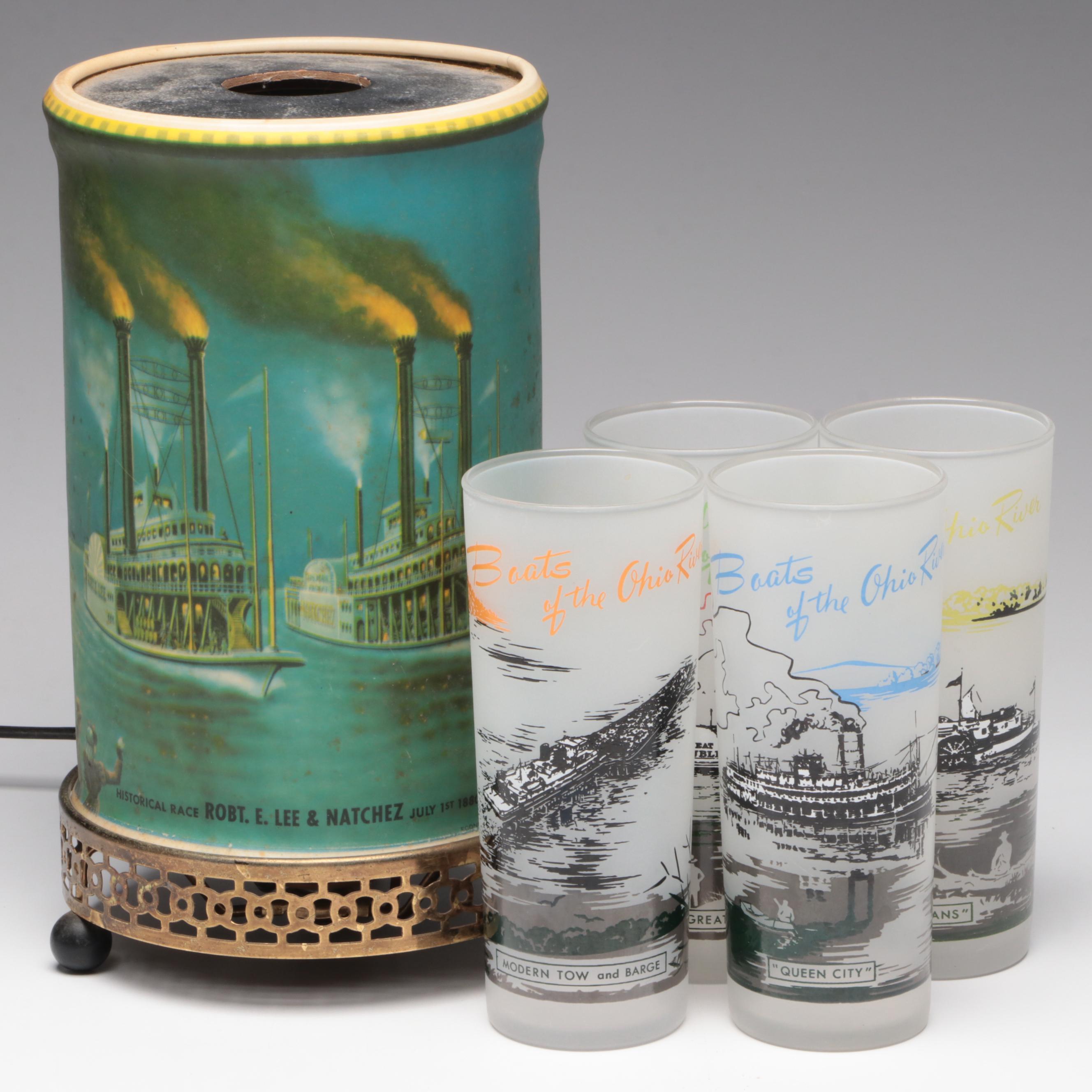 Econolite Motion Light Riverboat Lamp with Boats of the Ohio Glass Tumblers