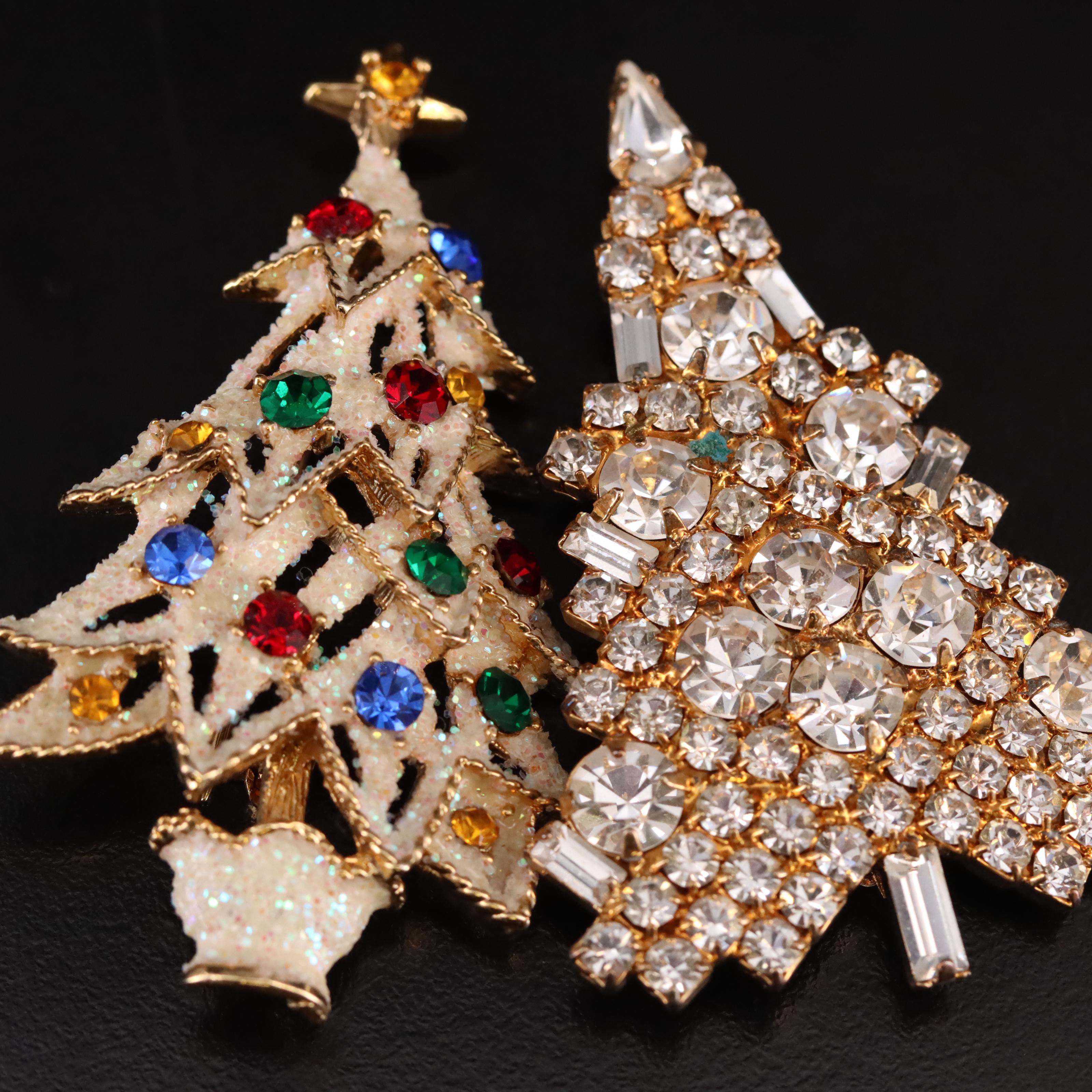 Eisenberg Ice Featured in Vintage Rhinestone Christmas Tree Brooches
