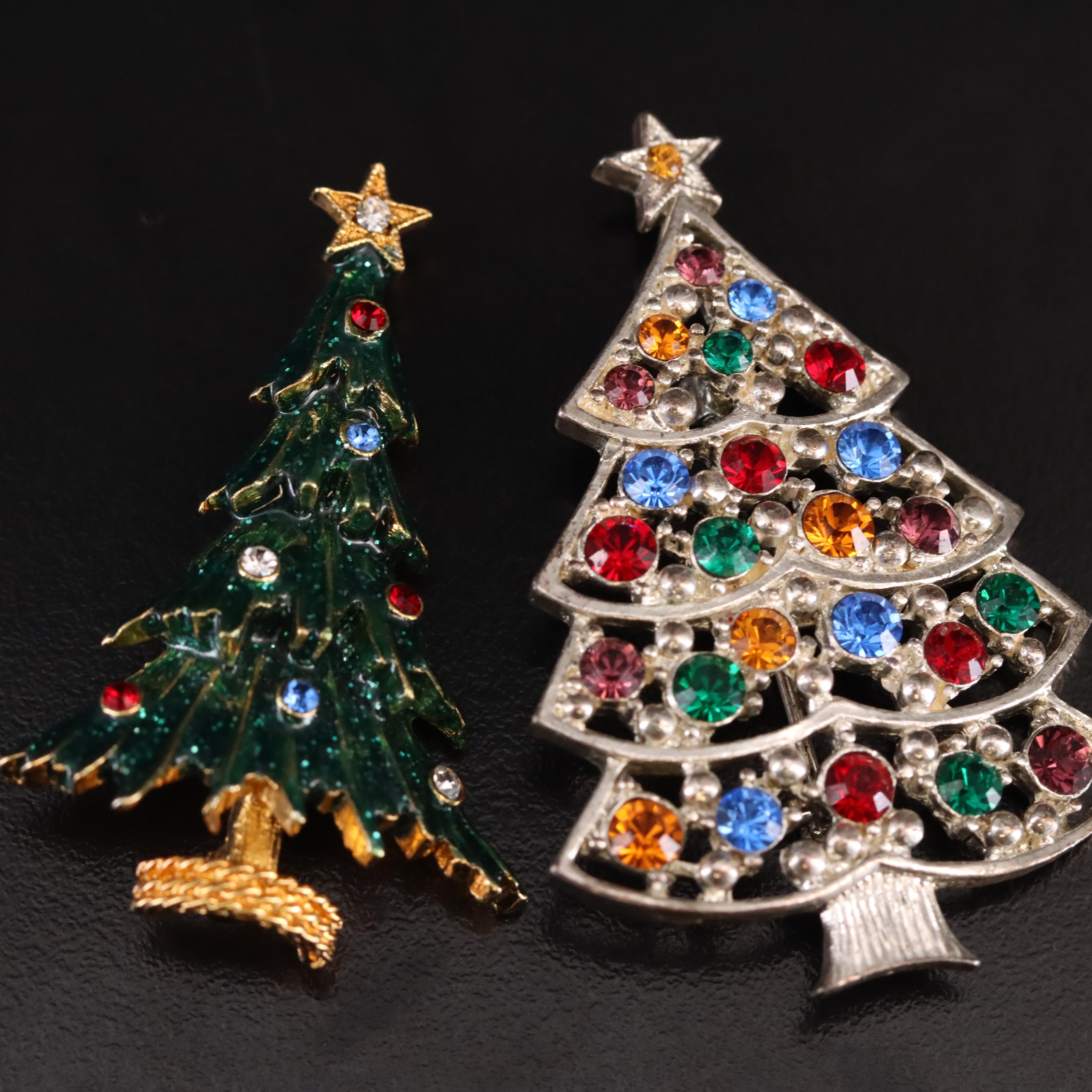 Eisenberg Ice Featured in Vintage Rhinestone Christmas Tree Brooches