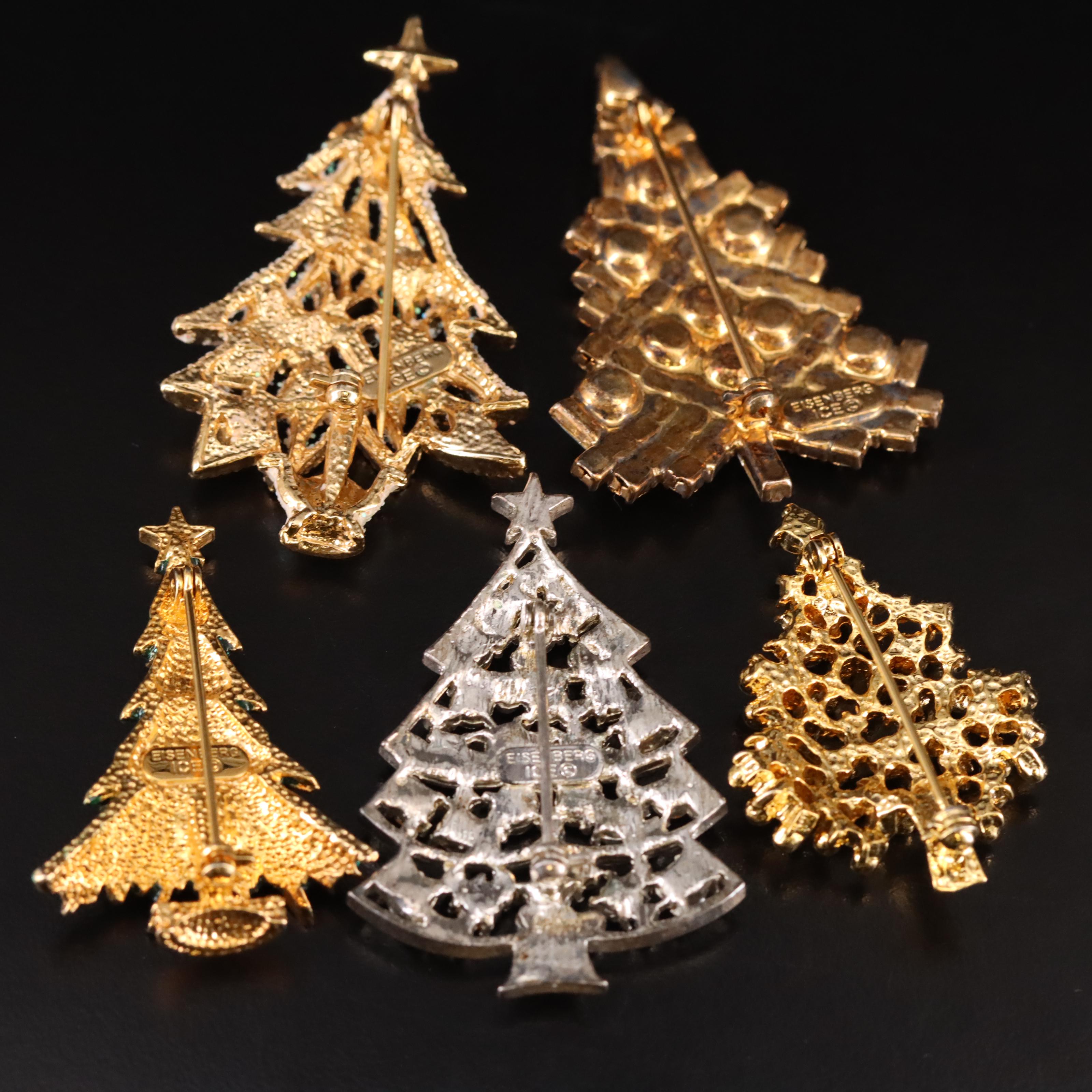 Eisenberg Ice Featured in Vintage Rhinestone Christmas Tree Brooches
