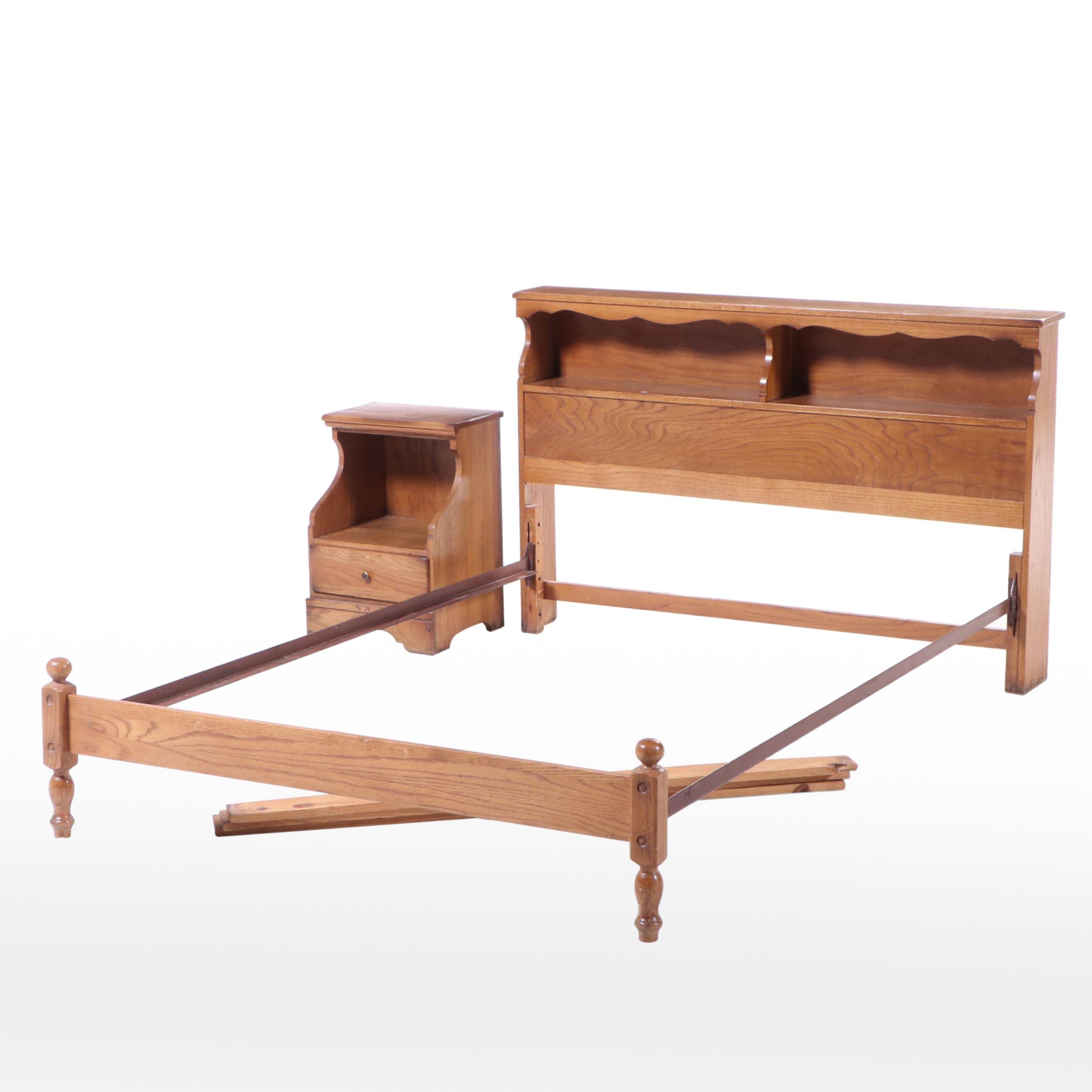 American Colonial Style Oak Full Bed Frame with Nighstand