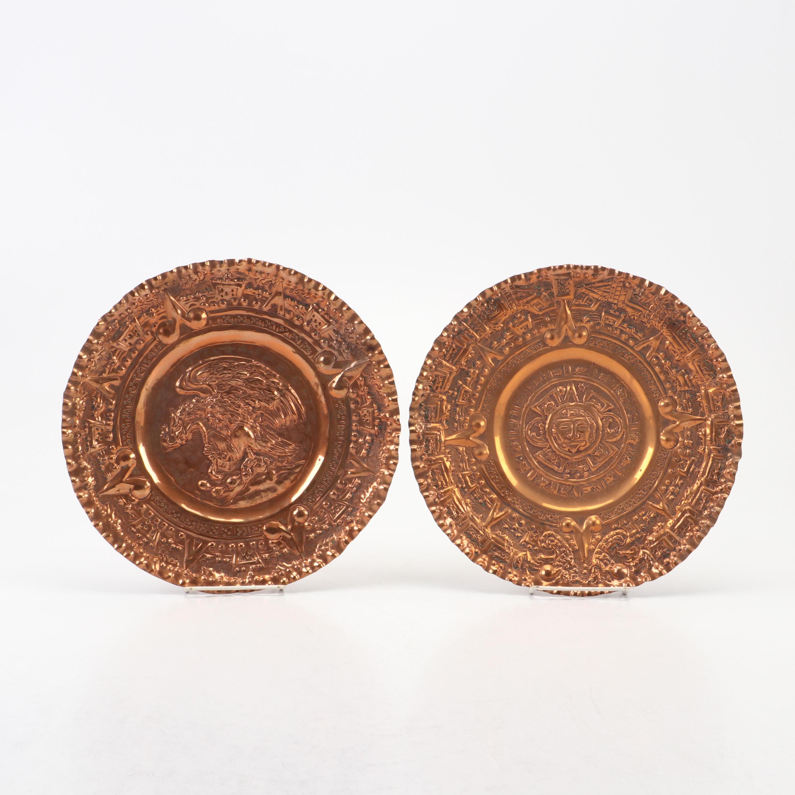 Pair of Bas-Relief Aztec Calendar and Dragon Souvenir Copper Chargers