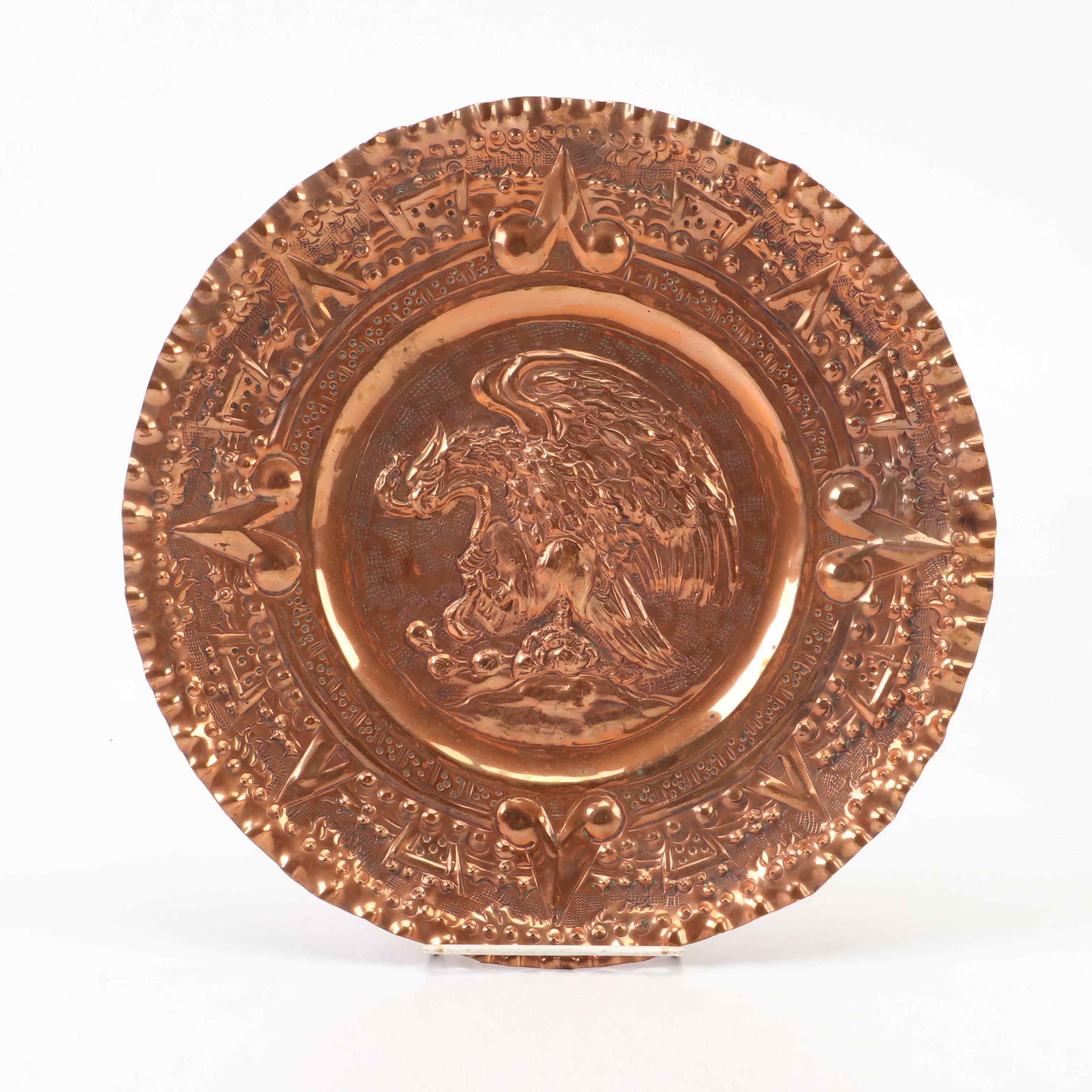 Pair of Bas-Relief Aztec Calendar and Dragon Souvenir Copper Chargers