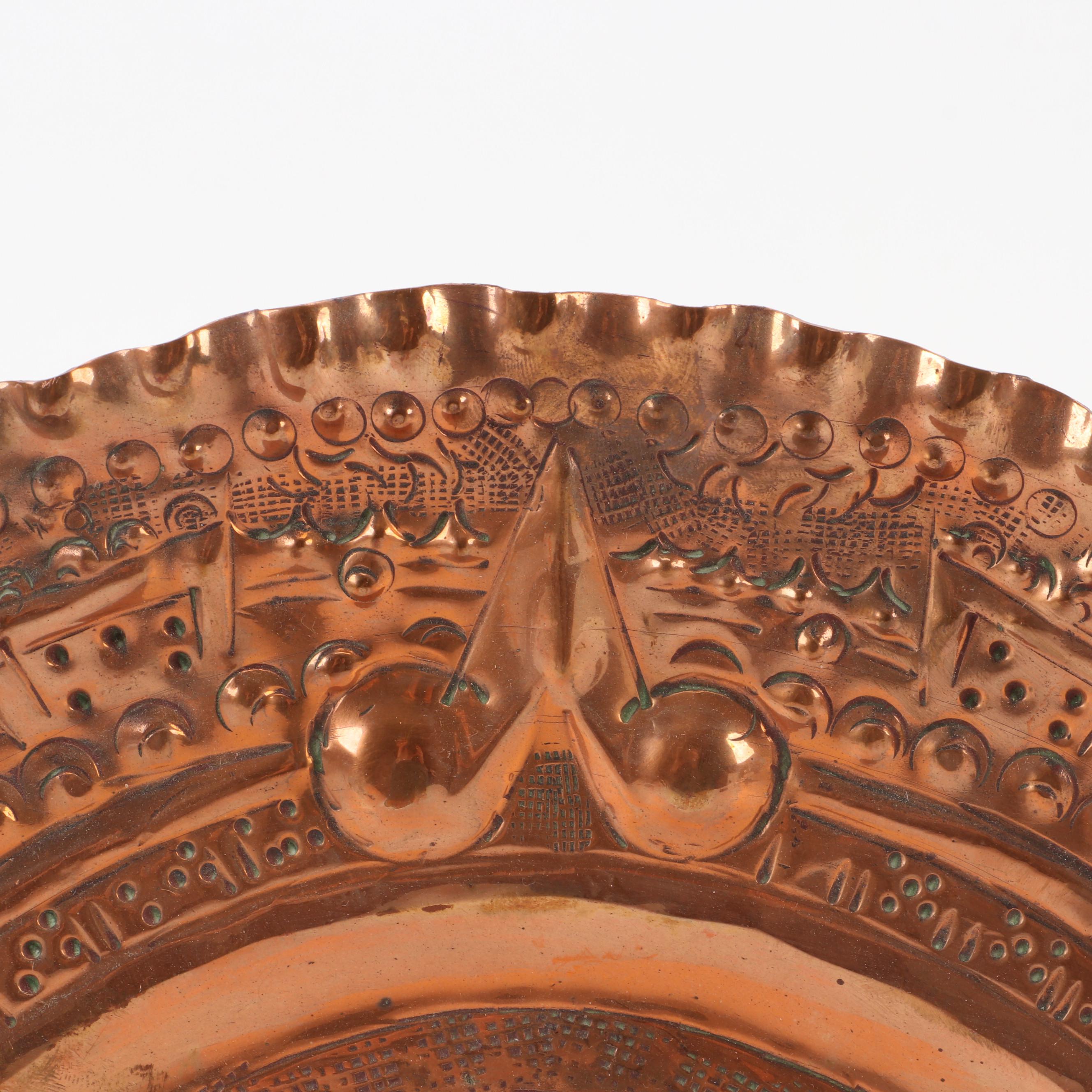 Pair of Bas-Relief Aztec Calendar and Dragon Souvenir Copper Chargers