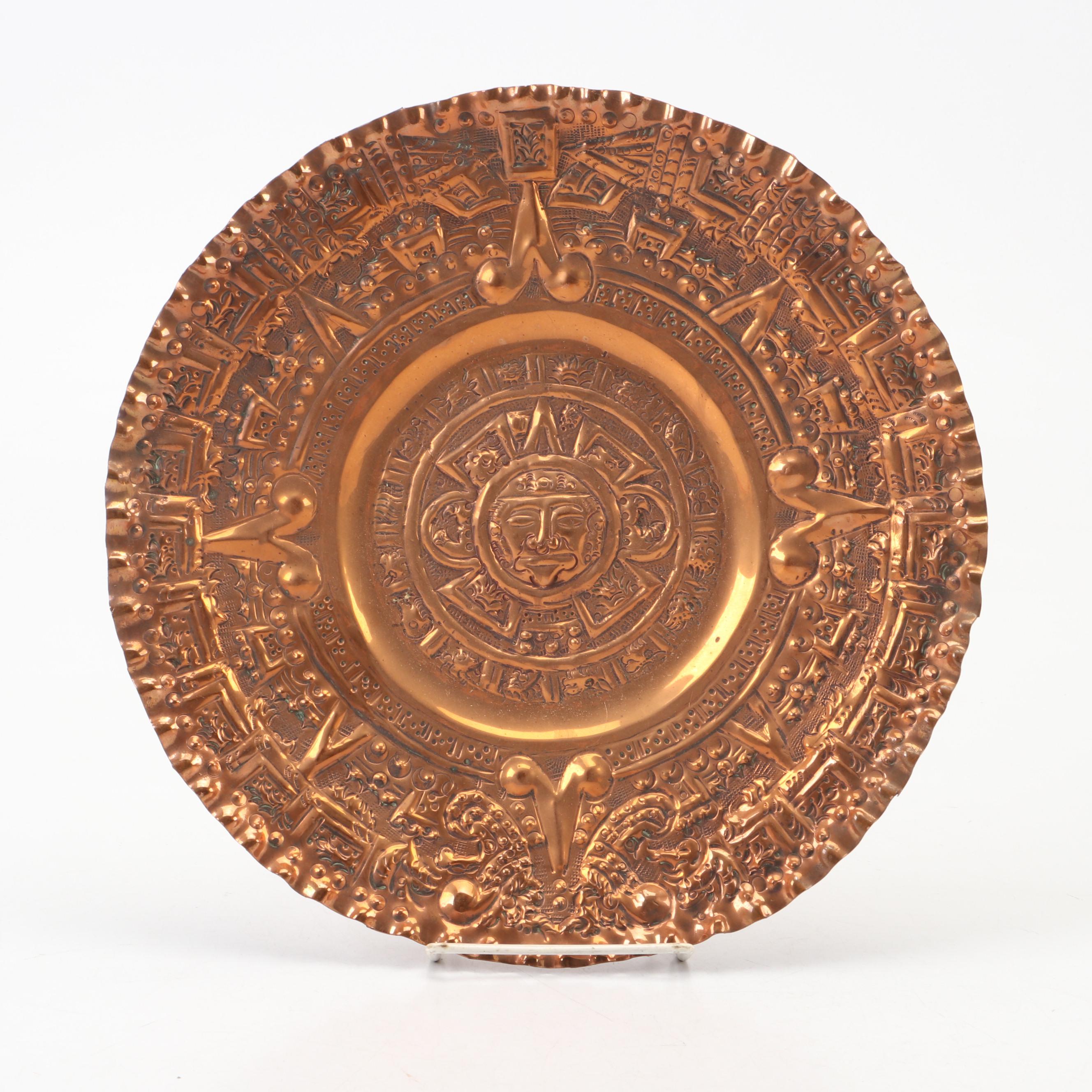 Pair of Bas-Relief Aztec Calendar and Dragon Souvenir Copper Chargers