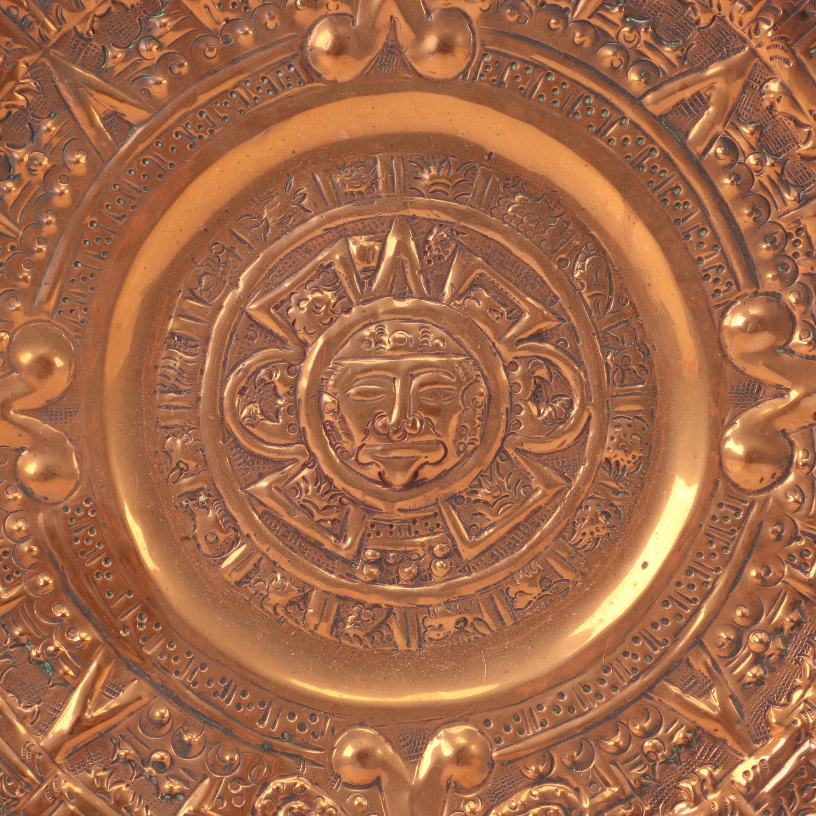 Pair of Bas-Relief Aztec Calendar and Dragon Souvenir Copper Chargers