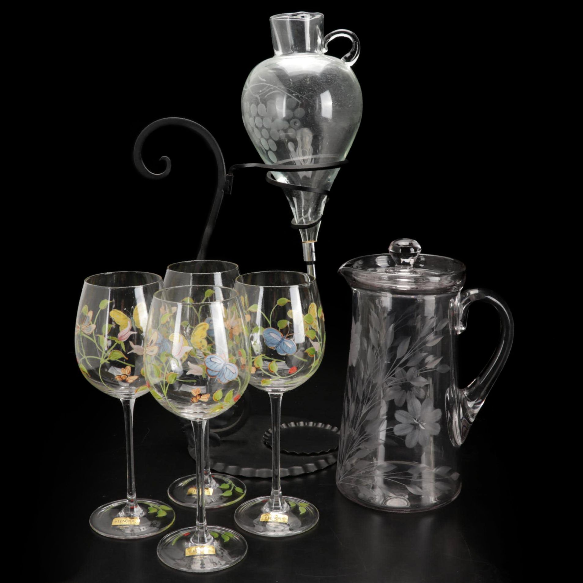 Lenox "Butterfly Meadow" Wine Glasses with Suspended Decanter and Pitcher