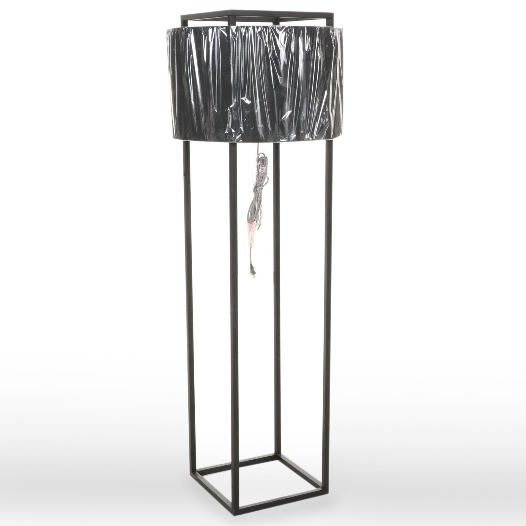 Black Metal Cage Floor Lamp With Drum Shade, 21st Century