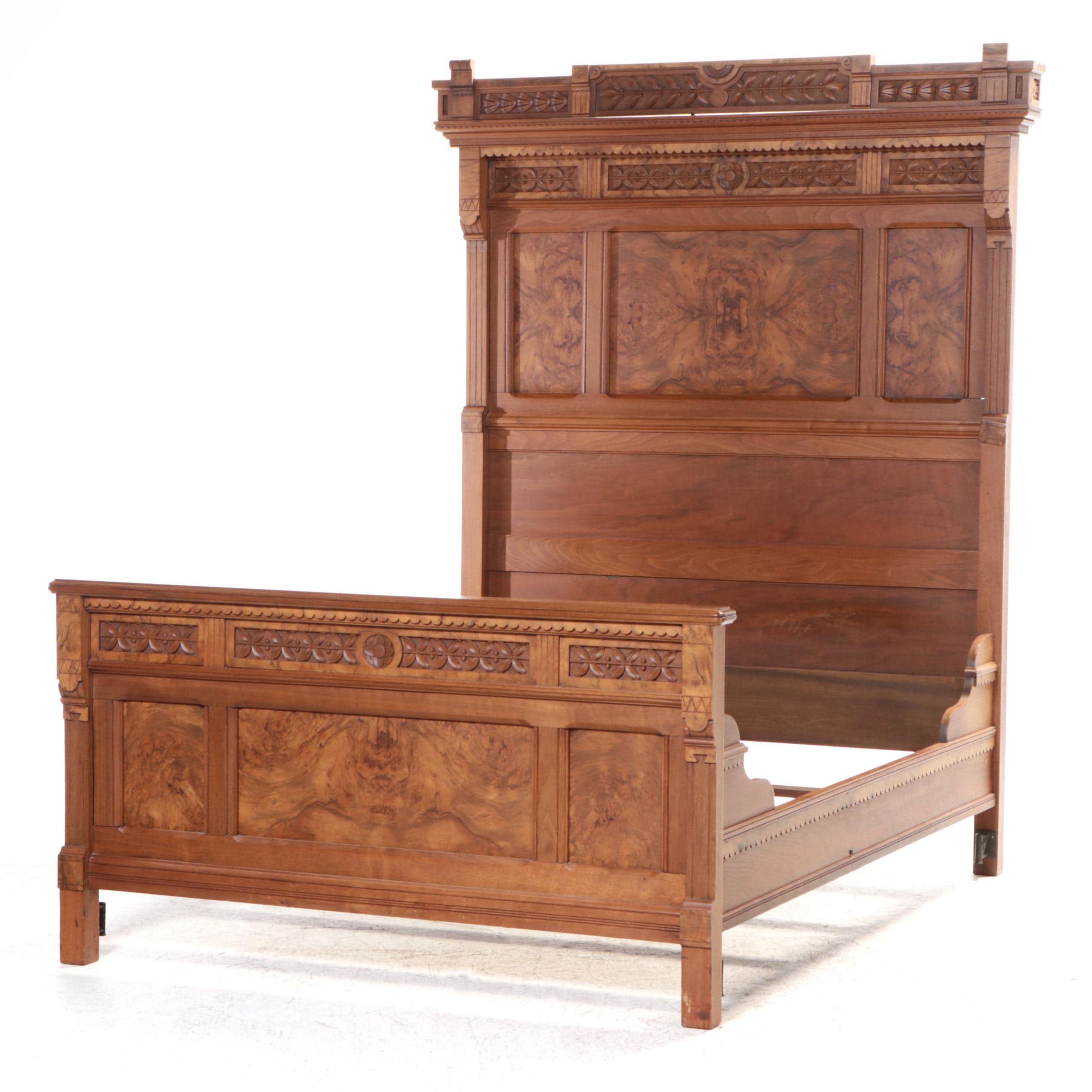 Victorian Walnut and Burl Walnut Full Size Bed Frame, Late 19th Century