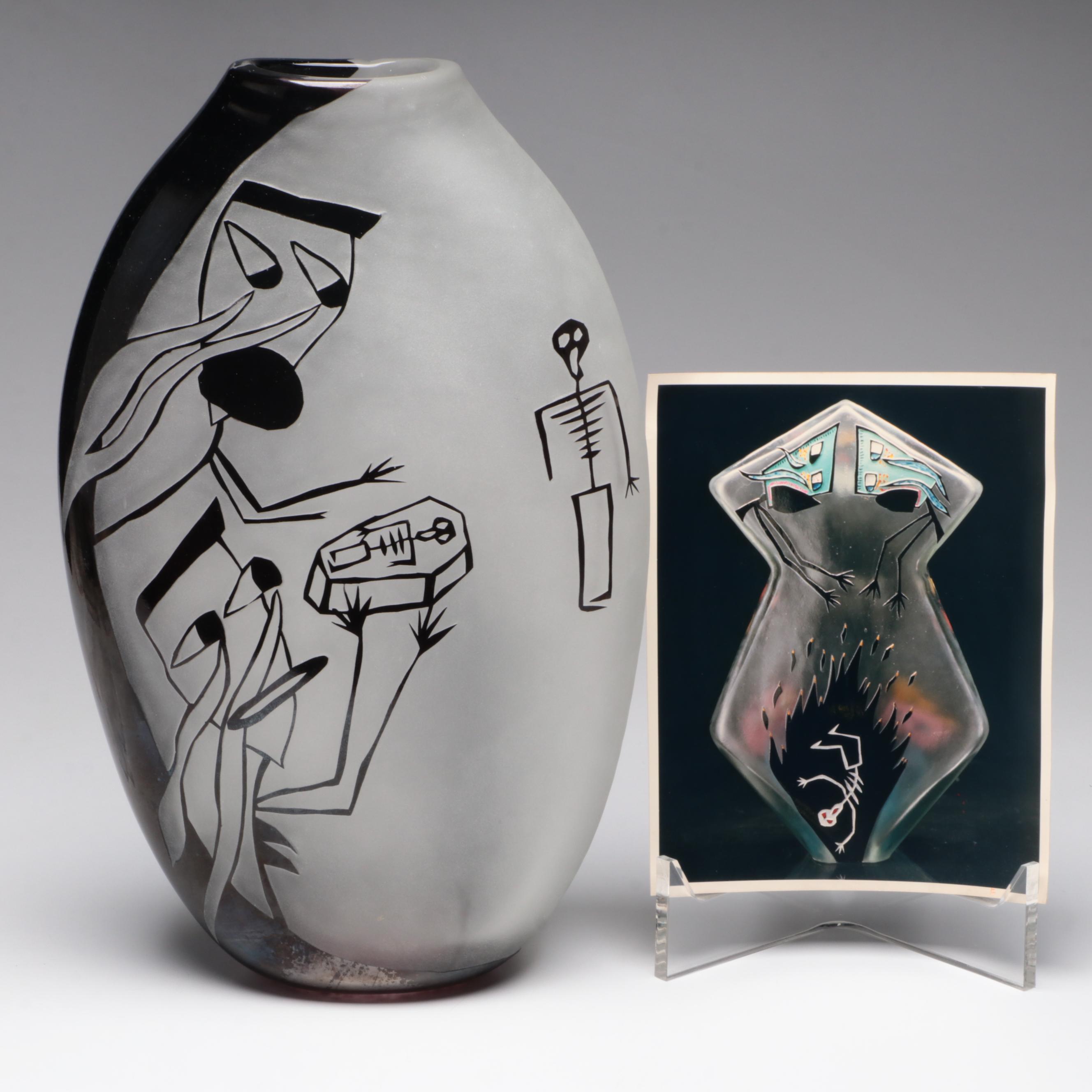 Thomas Kreager "Deathware" Handblown and Sandcarved Studio Art Glass Vase