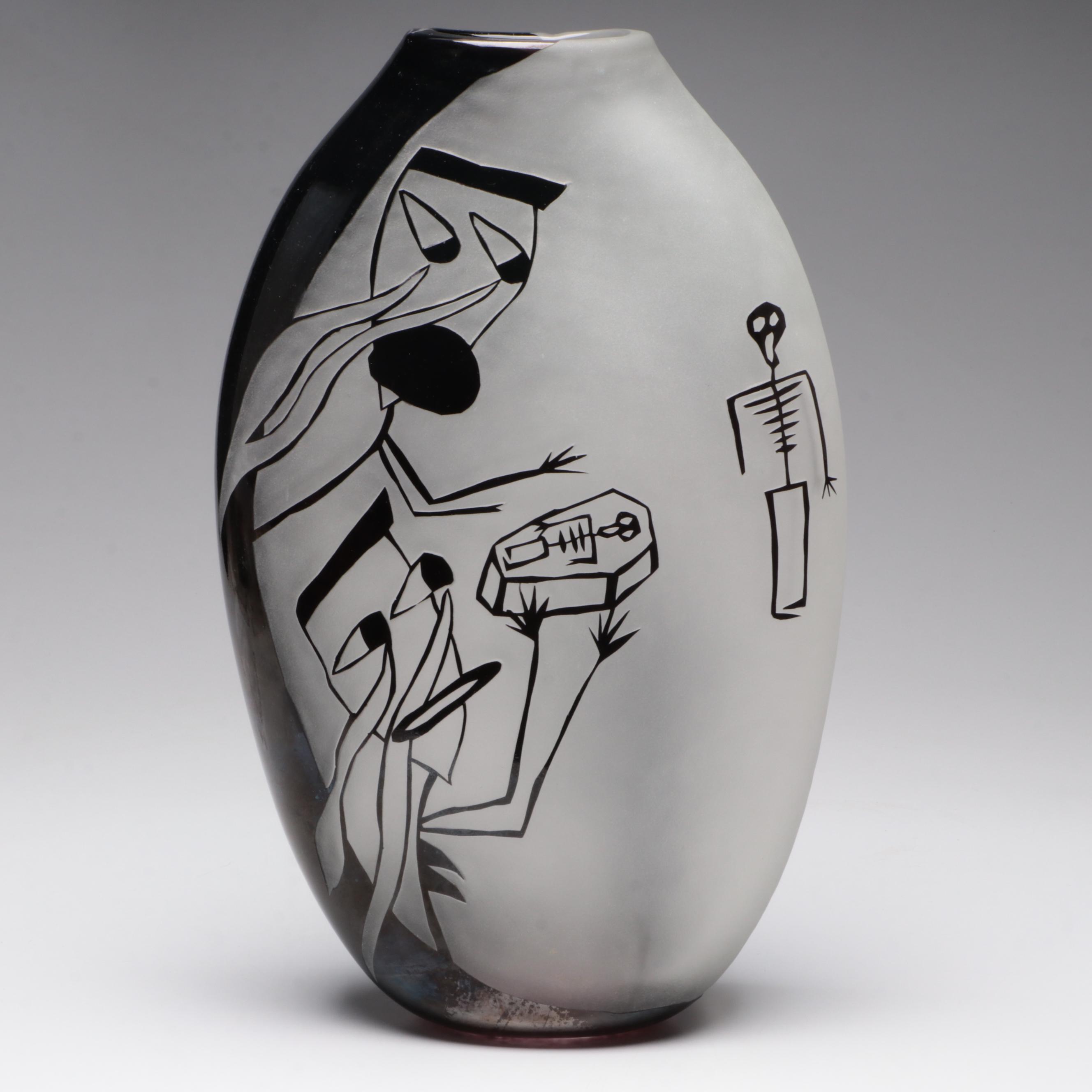Thomas Kreager "Deathware" Handblown and Sandcarved Studio Art Glass Vase