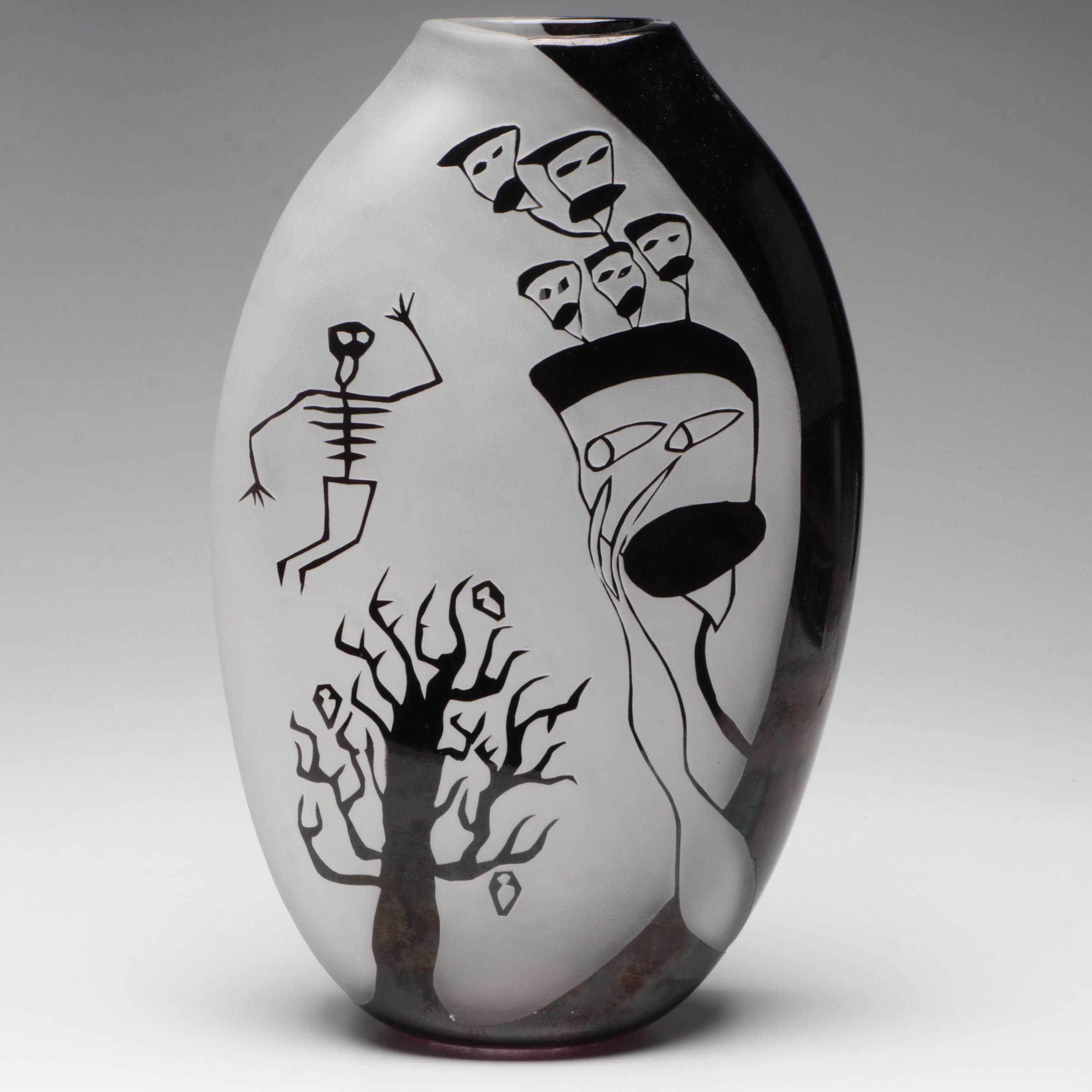 Thomas Kreager "Deathware" Handblown and Sandcarved Studio Art Glass Vase