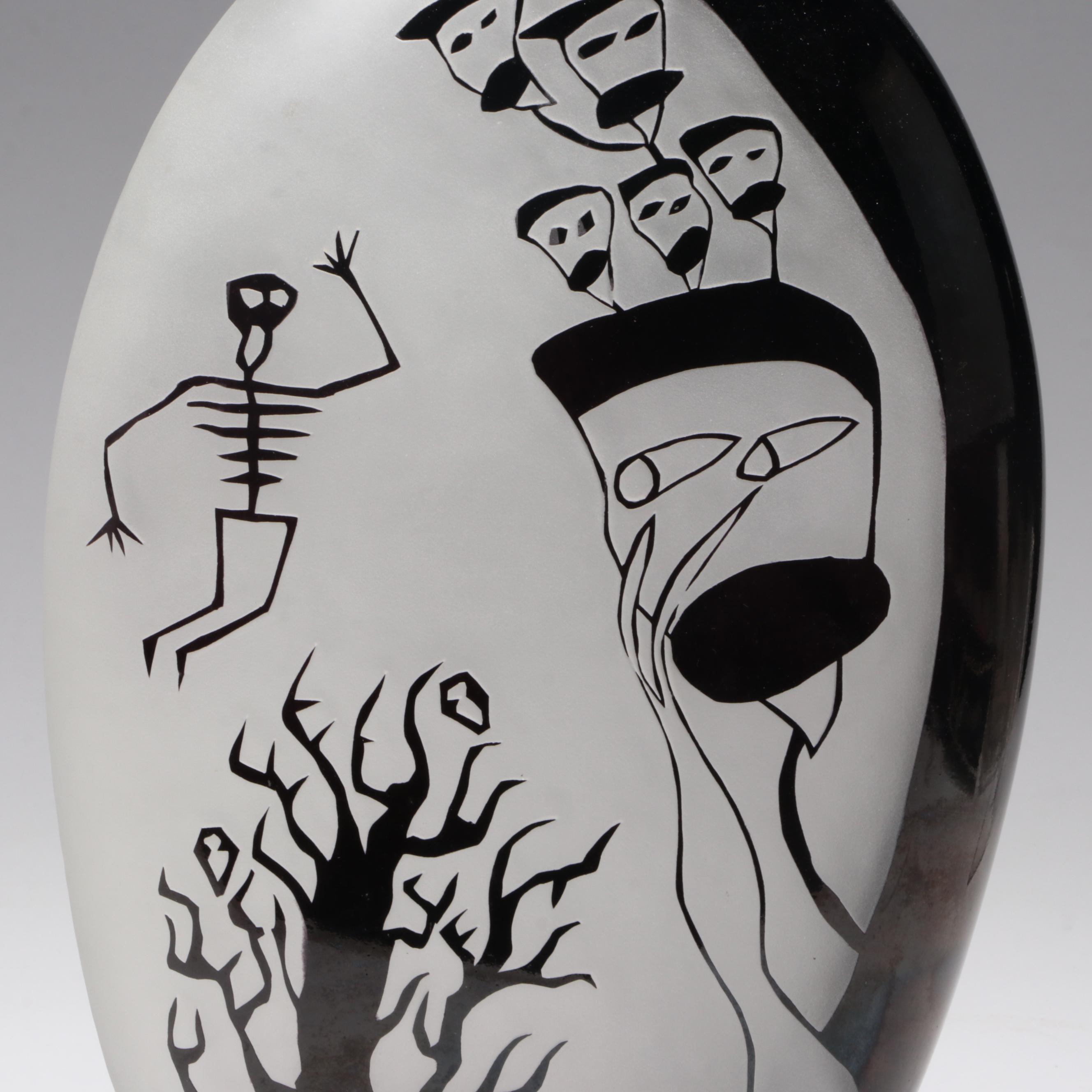 Thomas Kreager "Deathware" Handblown and Sandcarved Studio Art Glass Vase