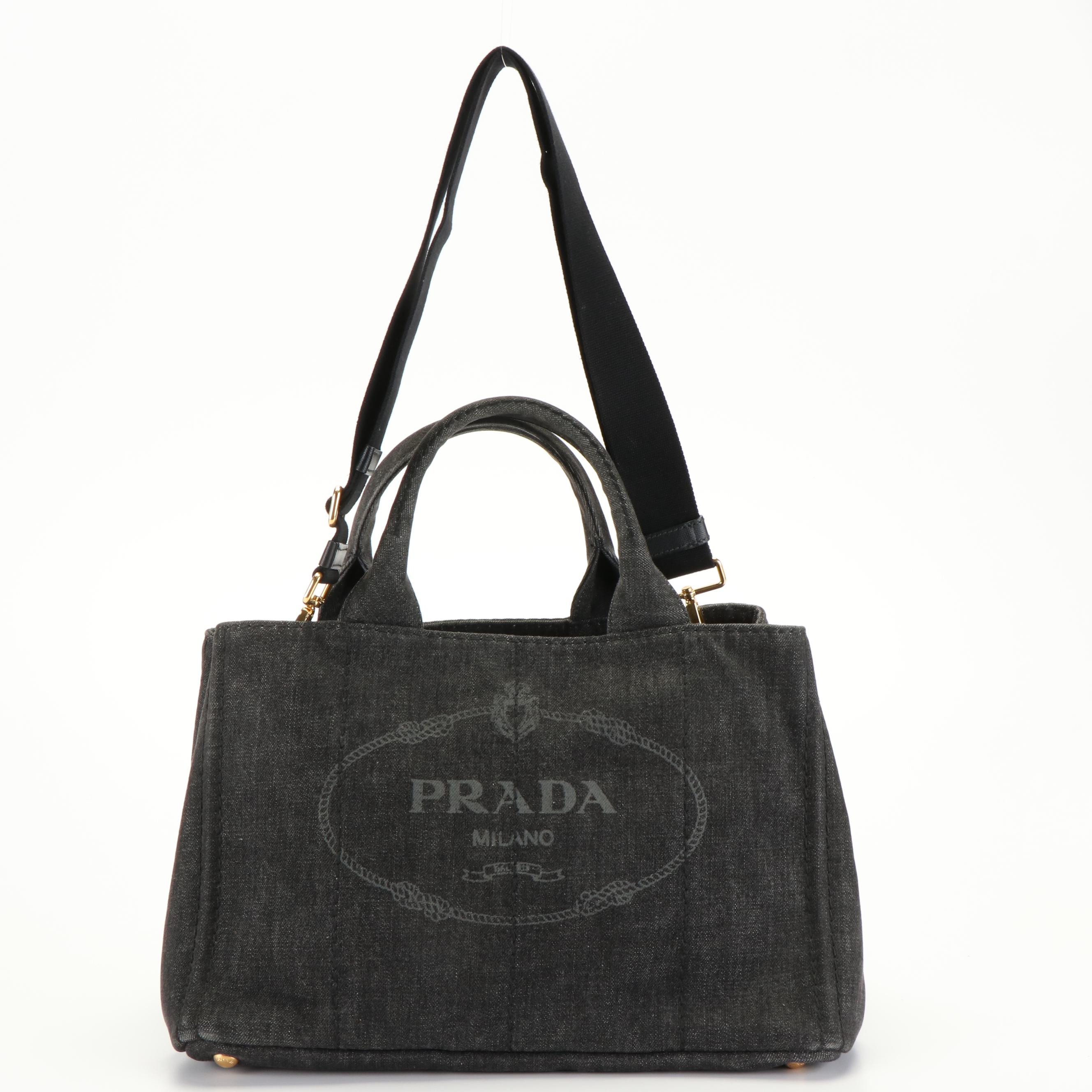 Prada Canapa Logo Black Denim Two-Way Tote