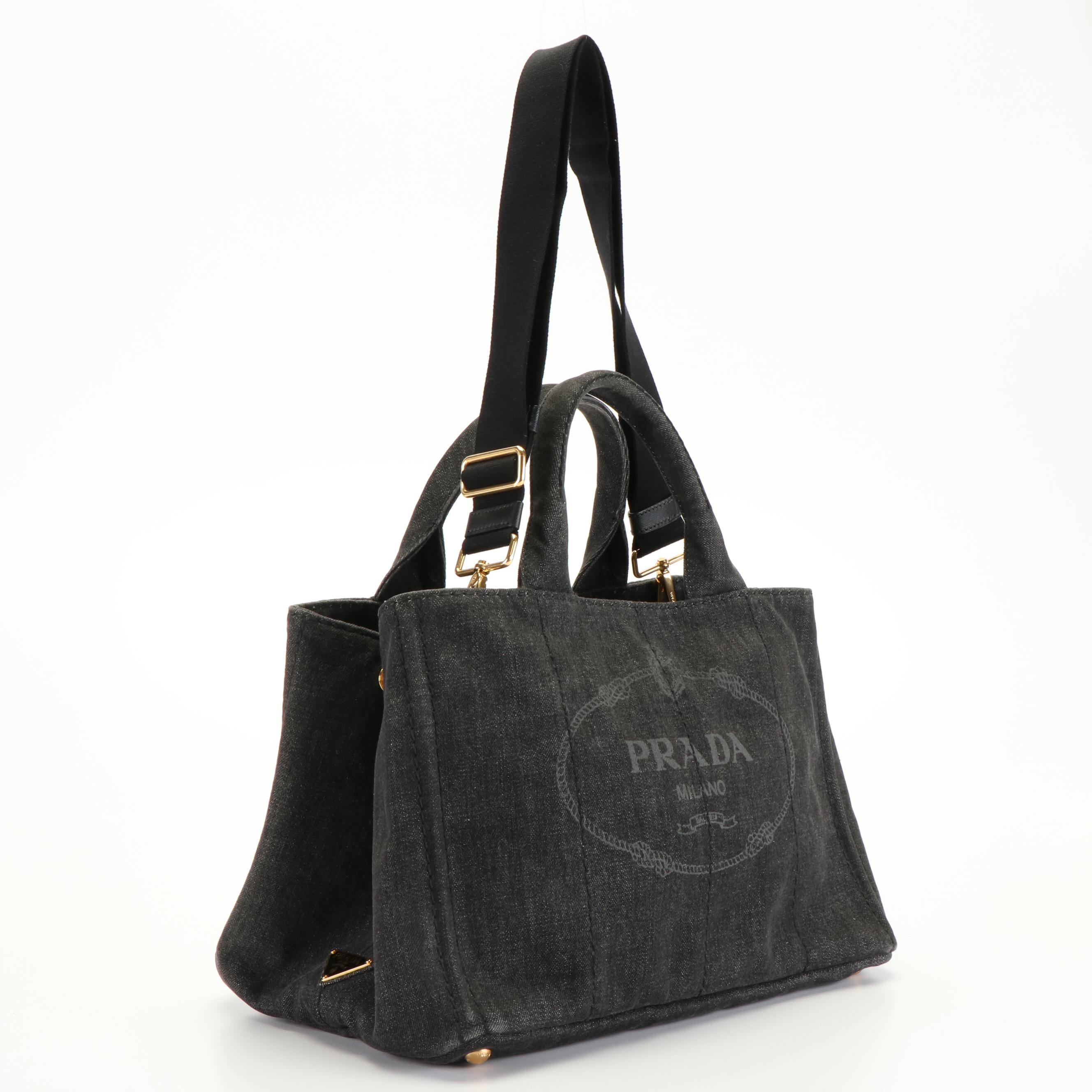 Prada Canapa Logo Black Denim Two-Way Tote