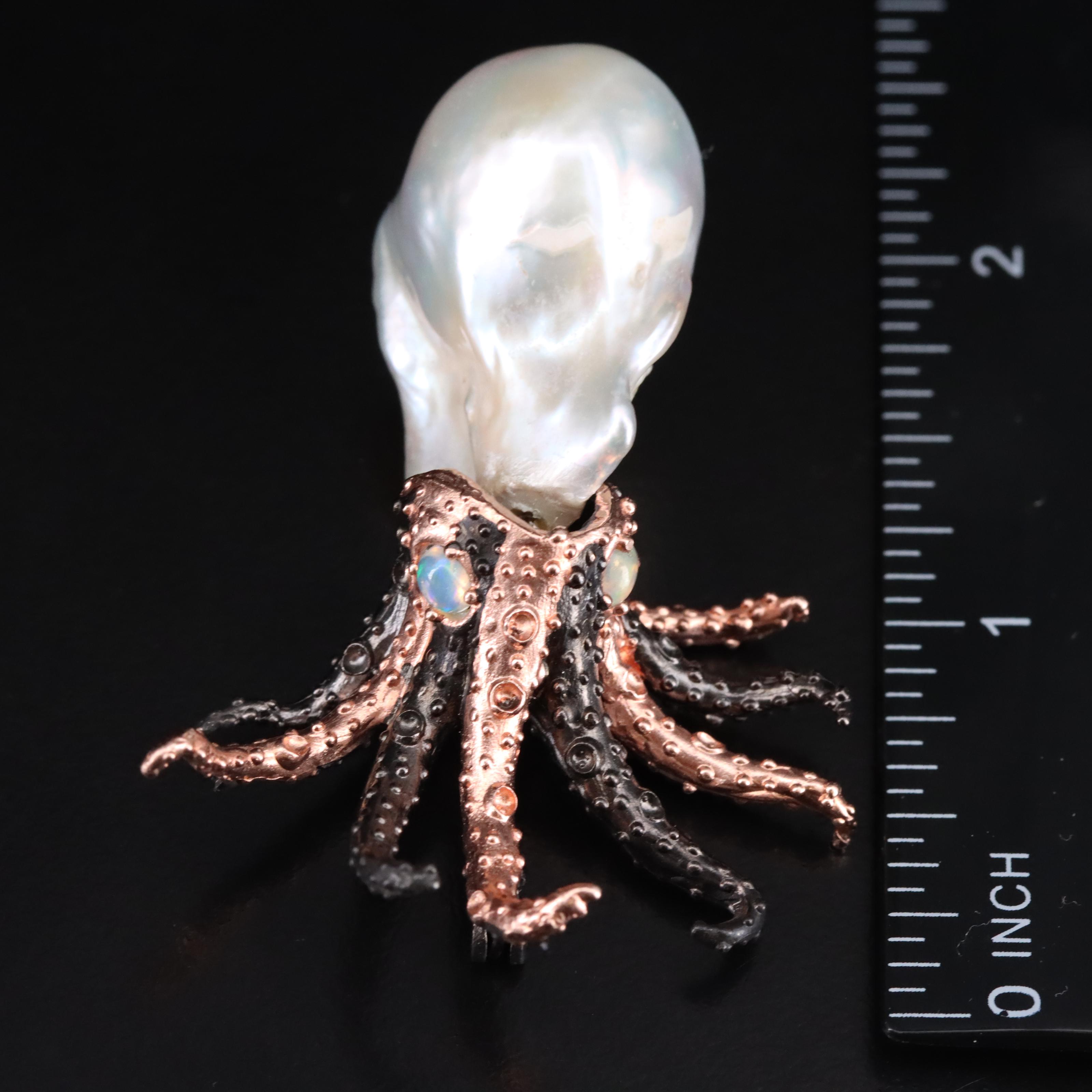 Sterling Pearl and Opal Octopus Brooch