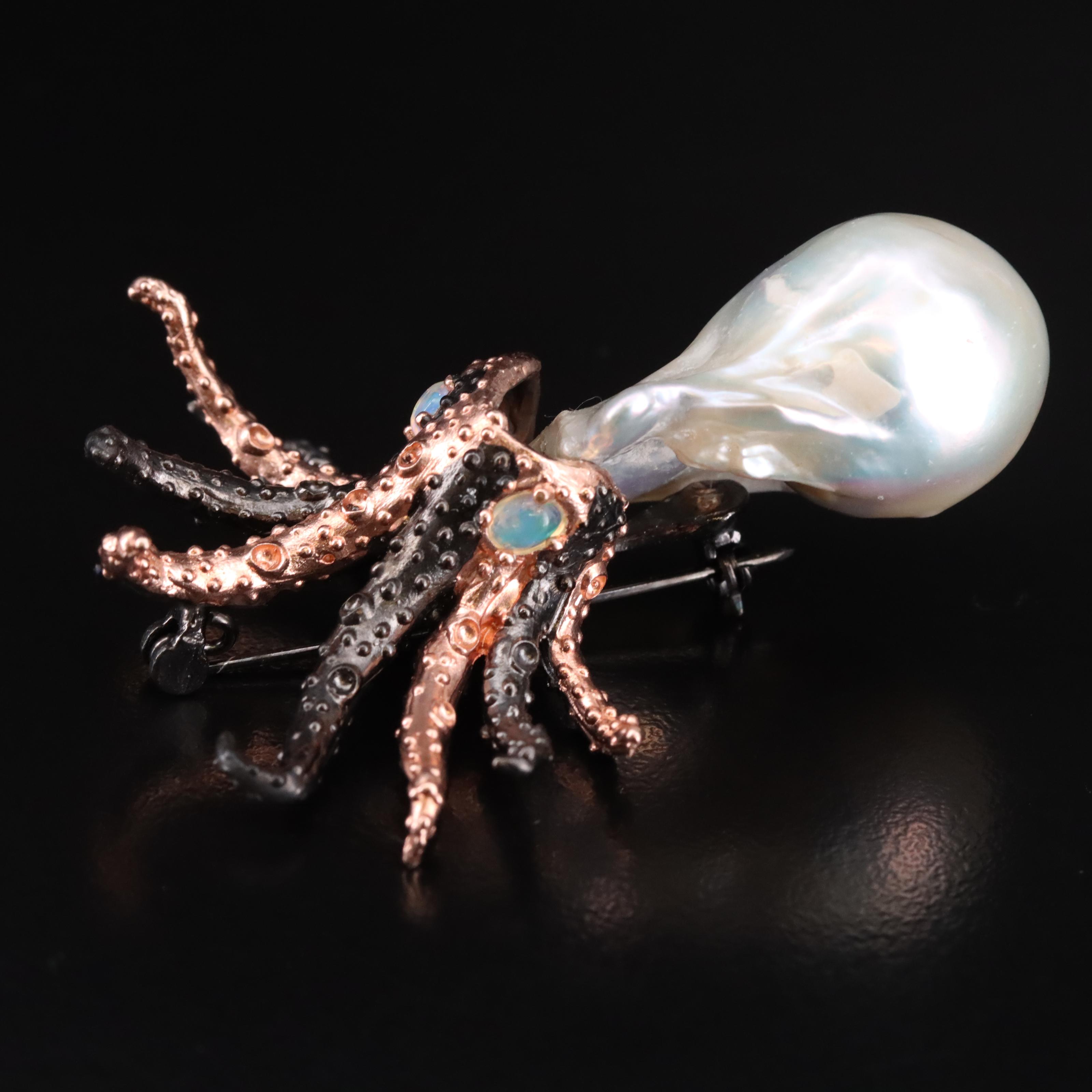 Sterling Pearl and Opal Octopus Brooch