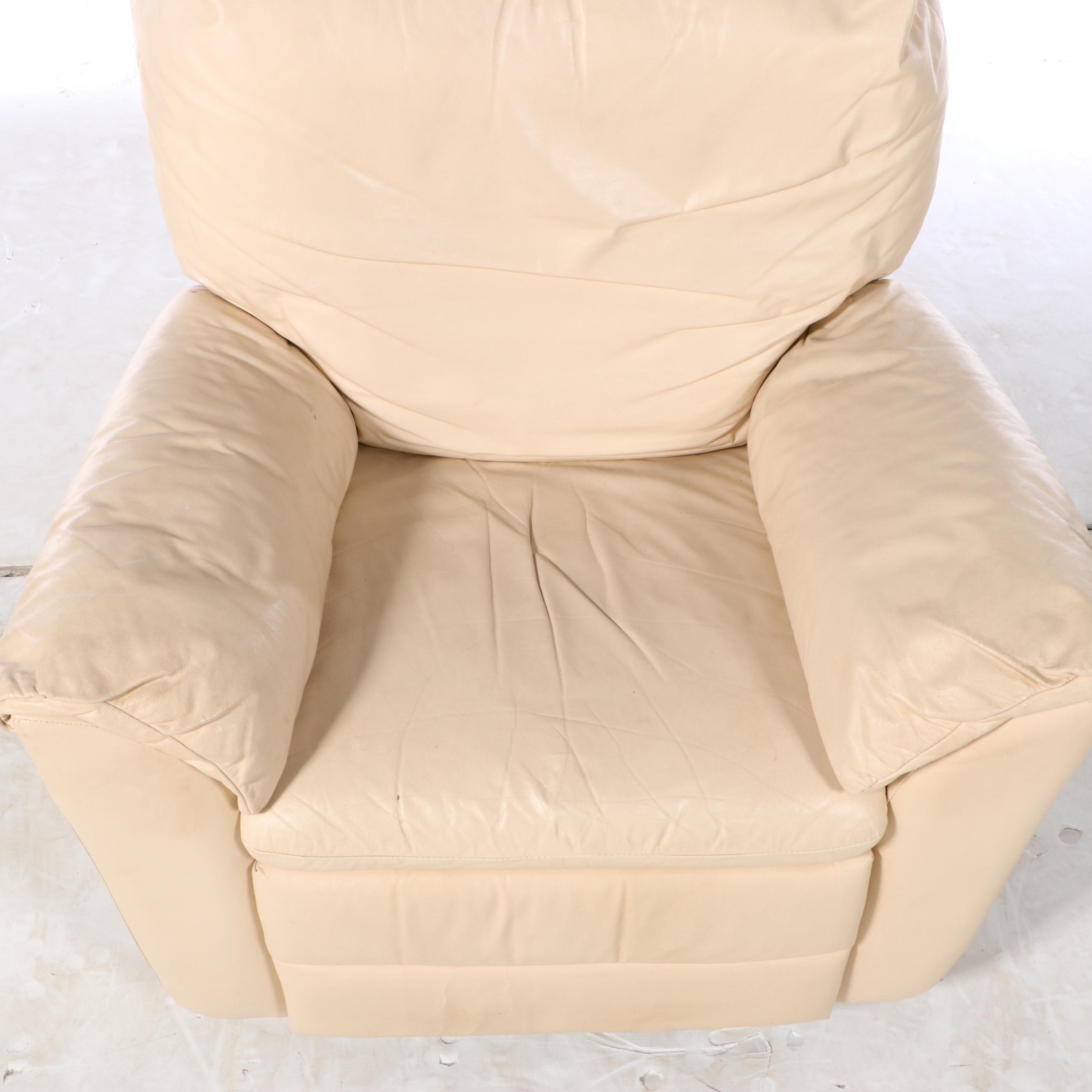 Cream Leather Upholstered Swivel Armchair