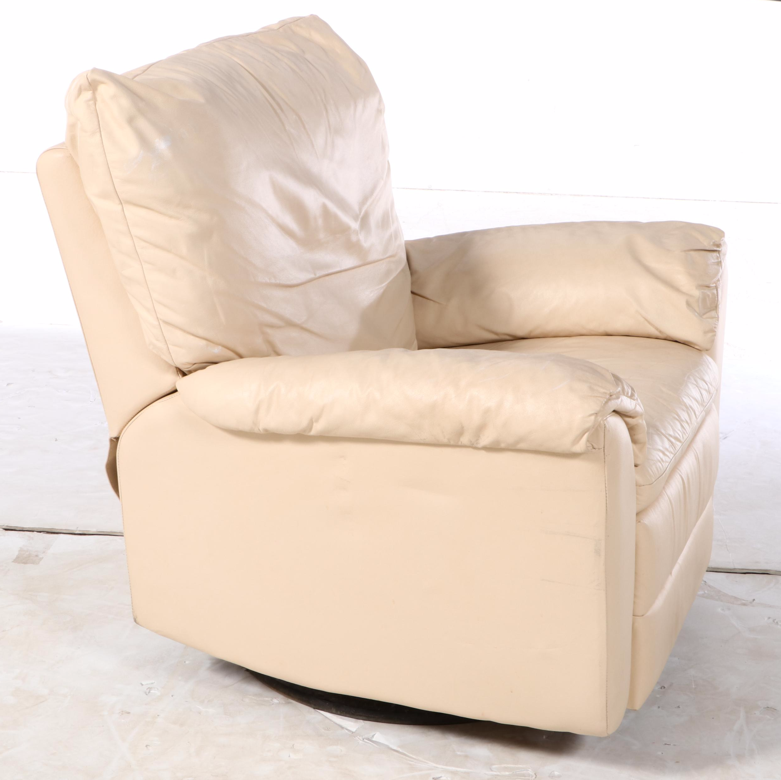 Cream Leather Upholstered Swivel Armchair
