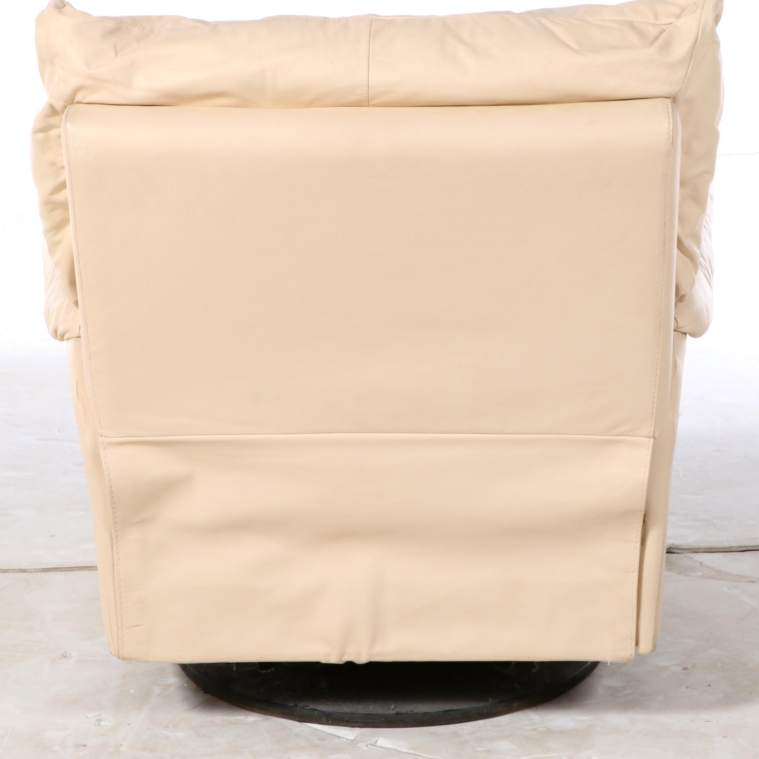 Cream Leather Upholstered Swivel Armchair
