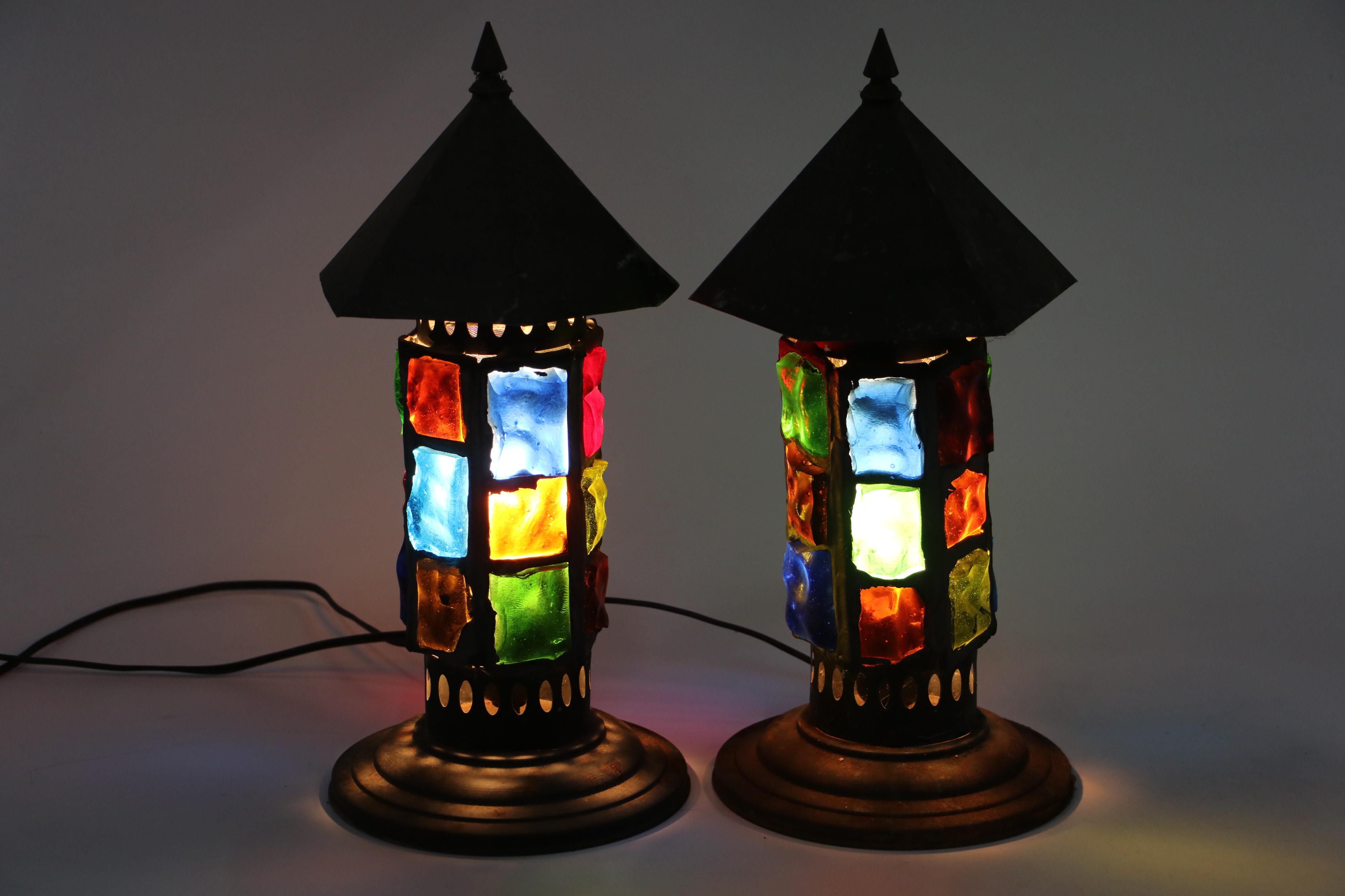 Mid Century Multicolor Stained Glass Table Lamps