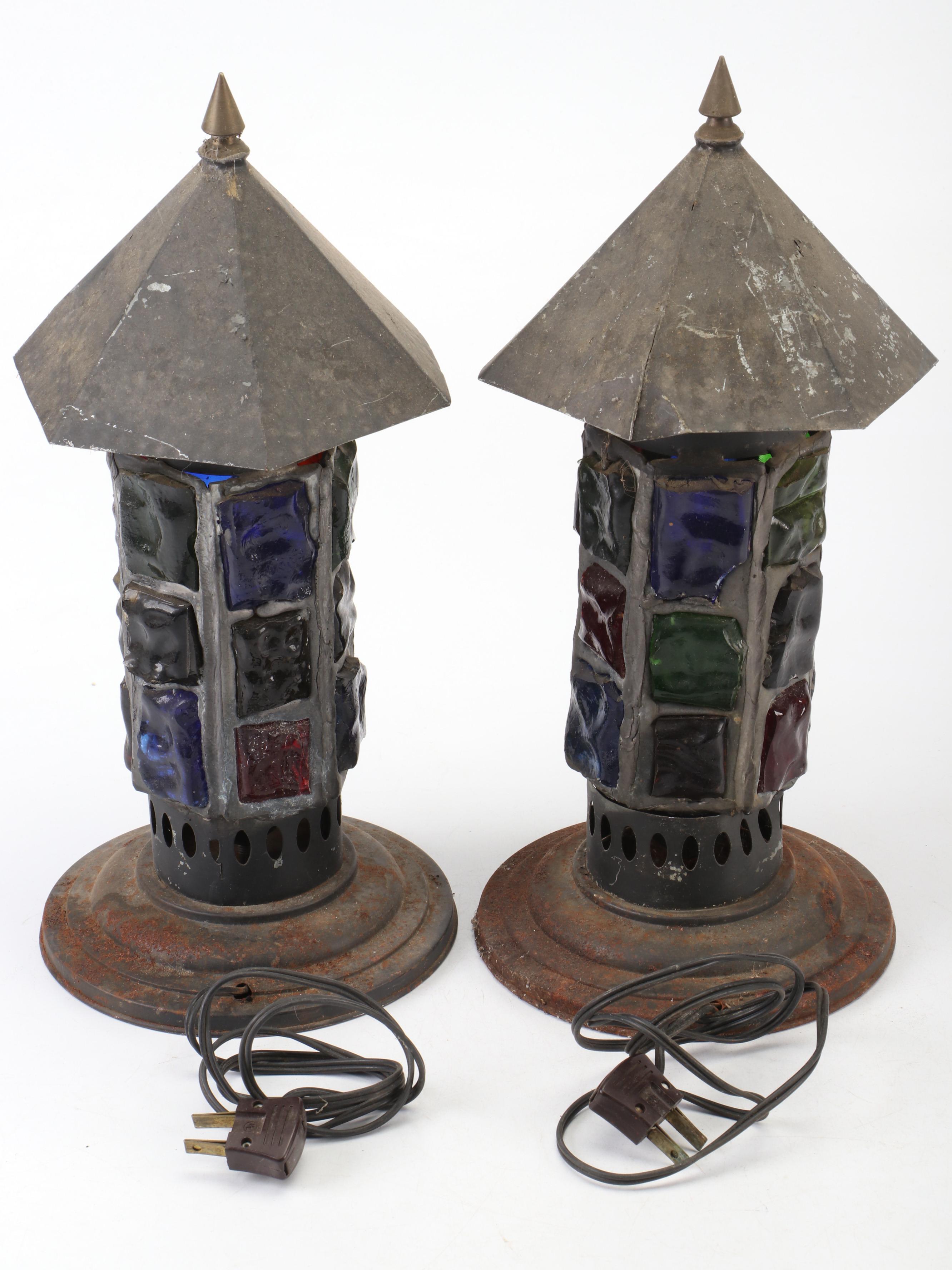 Mid Century Multicolor Stained Glass Table Lamps