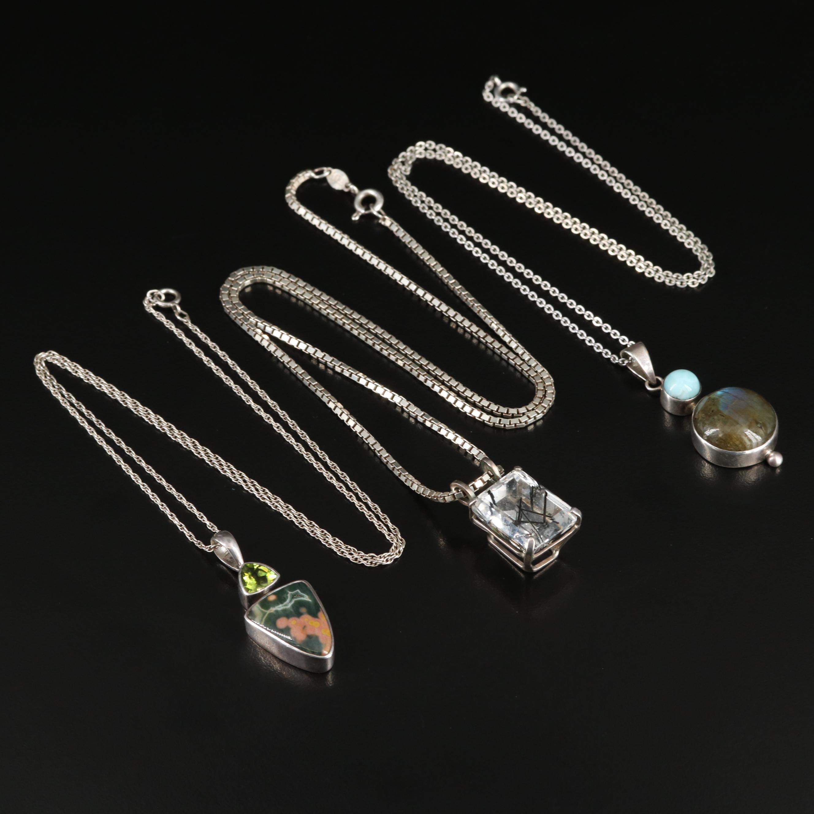 Sterling Labradorite, Sagenitic Quartz and Gemstone Pendant Necklaces