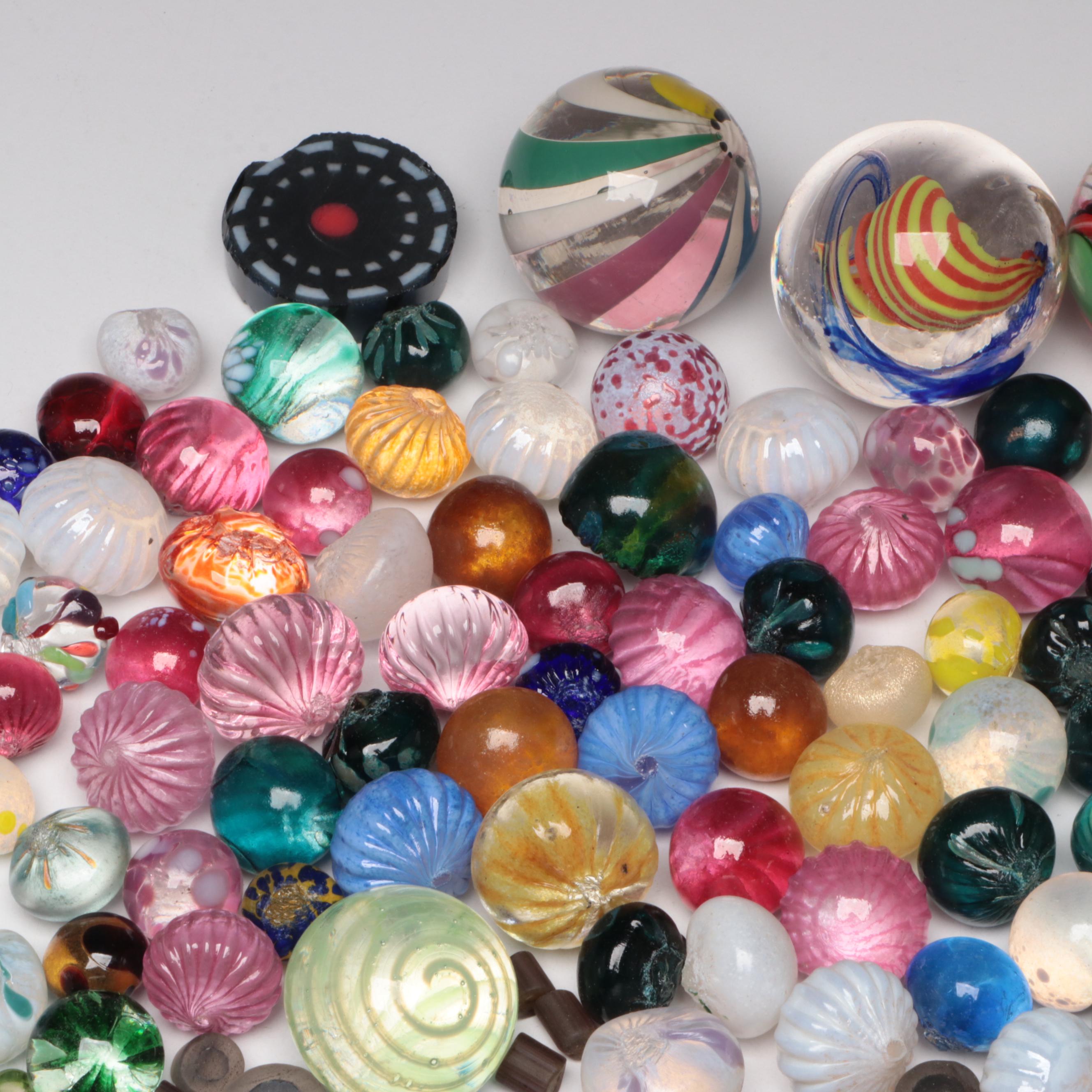 Handcrafted Multicolor Art Glass Marbles, Murrine Cane Pieces, and Trimmed Bits