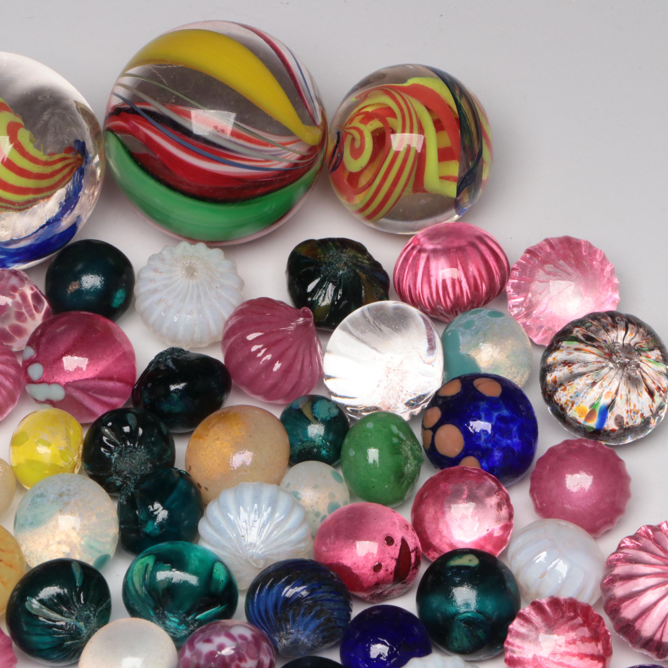 Handcrafted Multicolor Art Glass Marbles, Murrine Cane Pieces, and Trimmed Bits