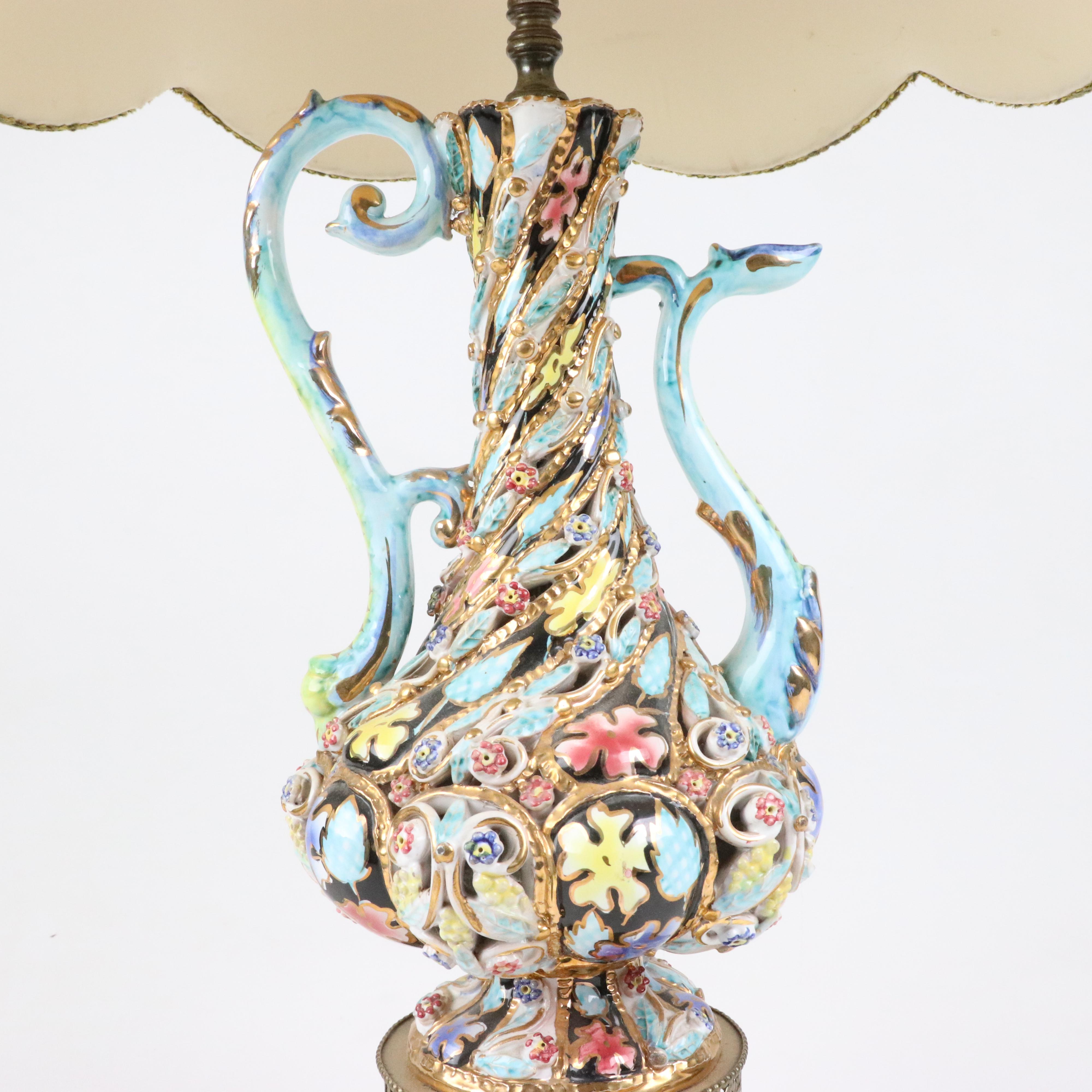 Capodimonte Style Porcelain Ewer Table Lamp with a Scalloped Shade
