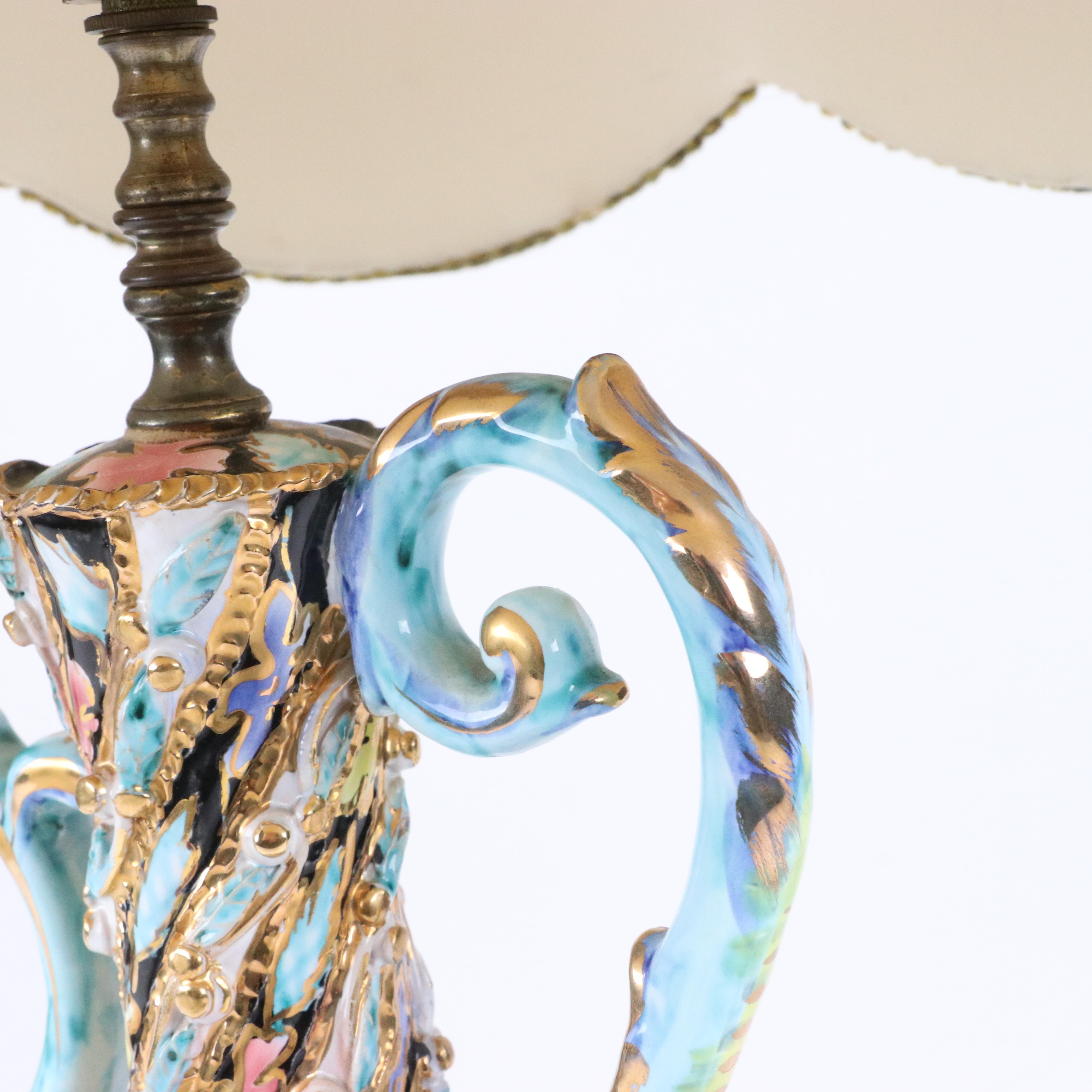 Capodimonte Style Porcelain Ewer Table Lamp with a Scalloped Shade