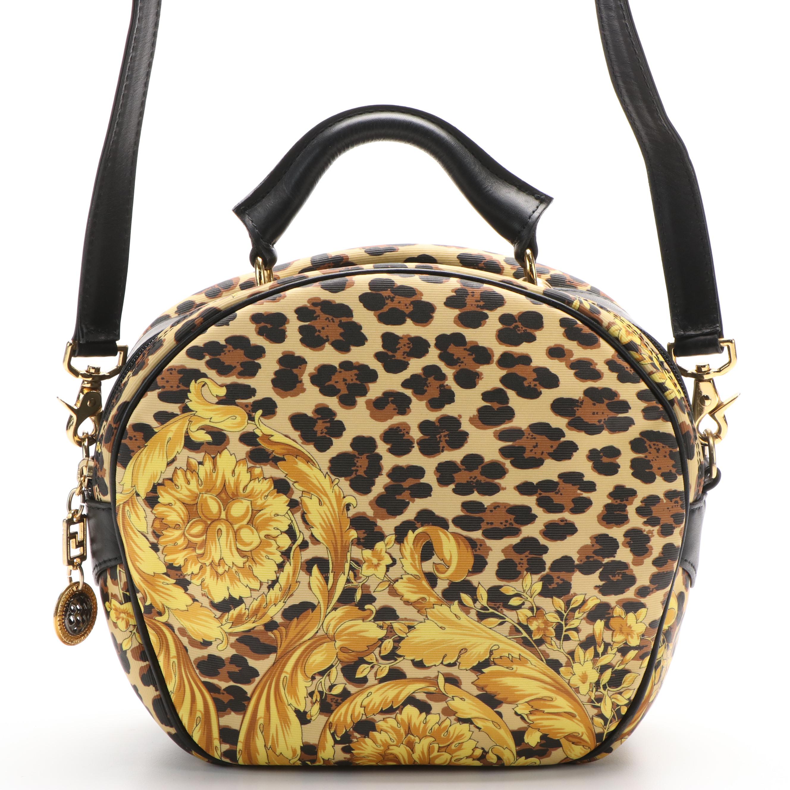 Vintage Gianni Versace 2-Way Bag in Baroque/Leopard Coated Canvas/Black Leather